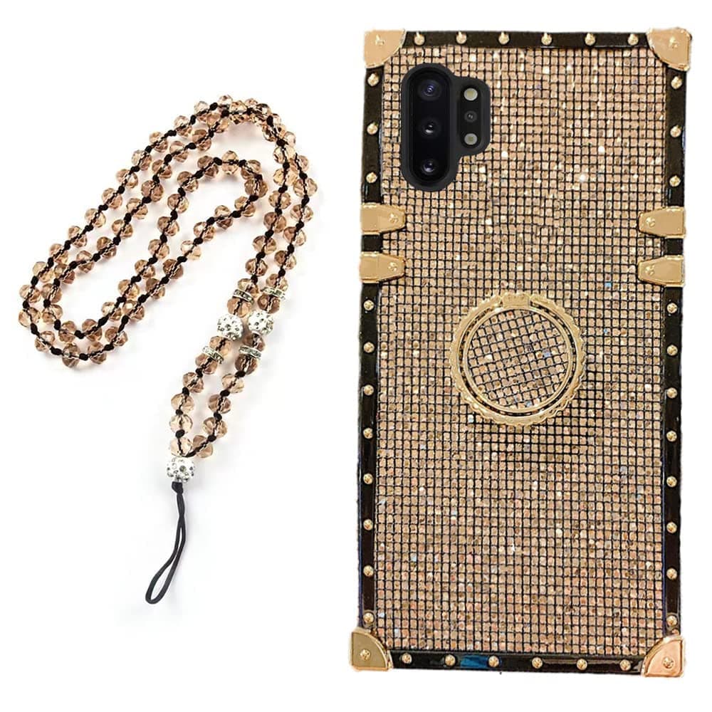 for Samsung Galaxy Note 10 Plus/Note 10+ Luxury Bling Glitter Sparkle Cute Gold Corner Soft Shock-Absorption Phone Holder Case Cover with Strap - Gold