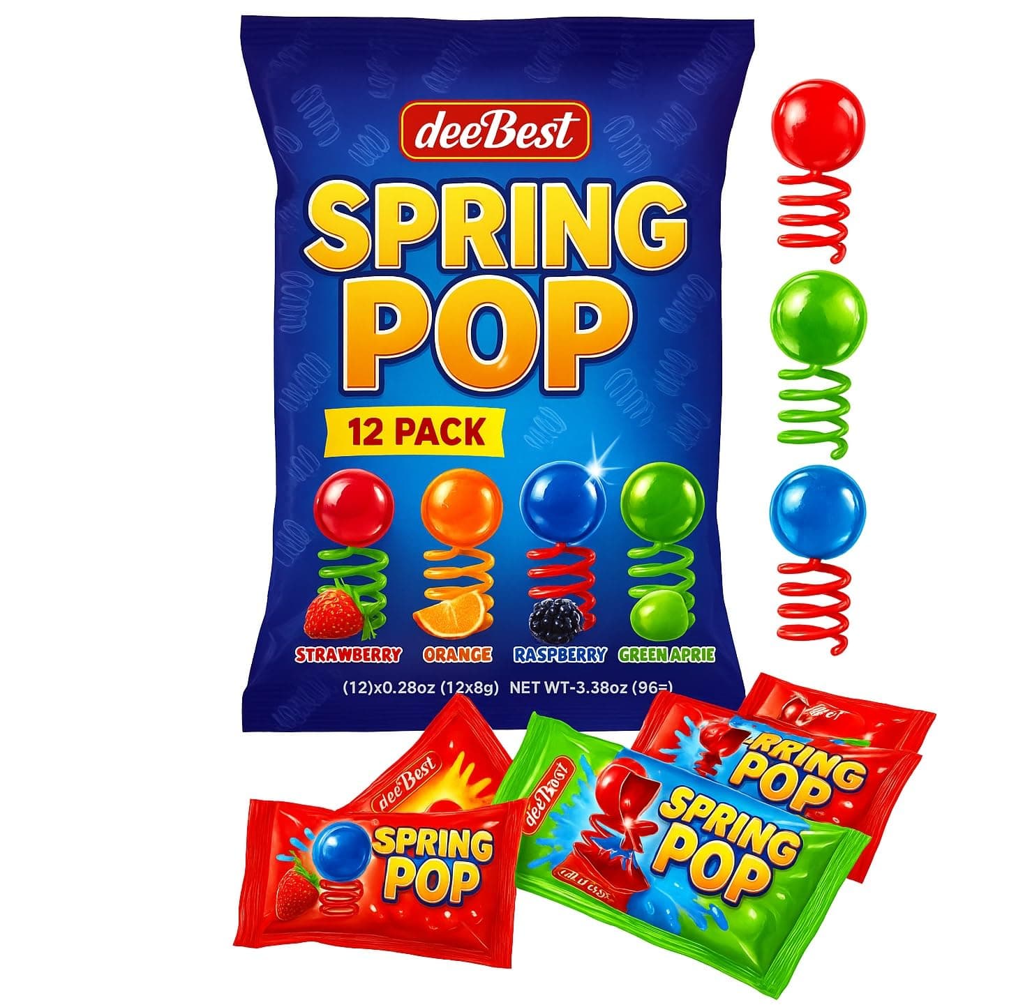 Spring Pop Finger Sucker Kids Candy on a Spring - Assorted Fun Flavors 24 Count (12 Individually Wrapped Pack of 2) Kosher Fun Lollipops Suckers