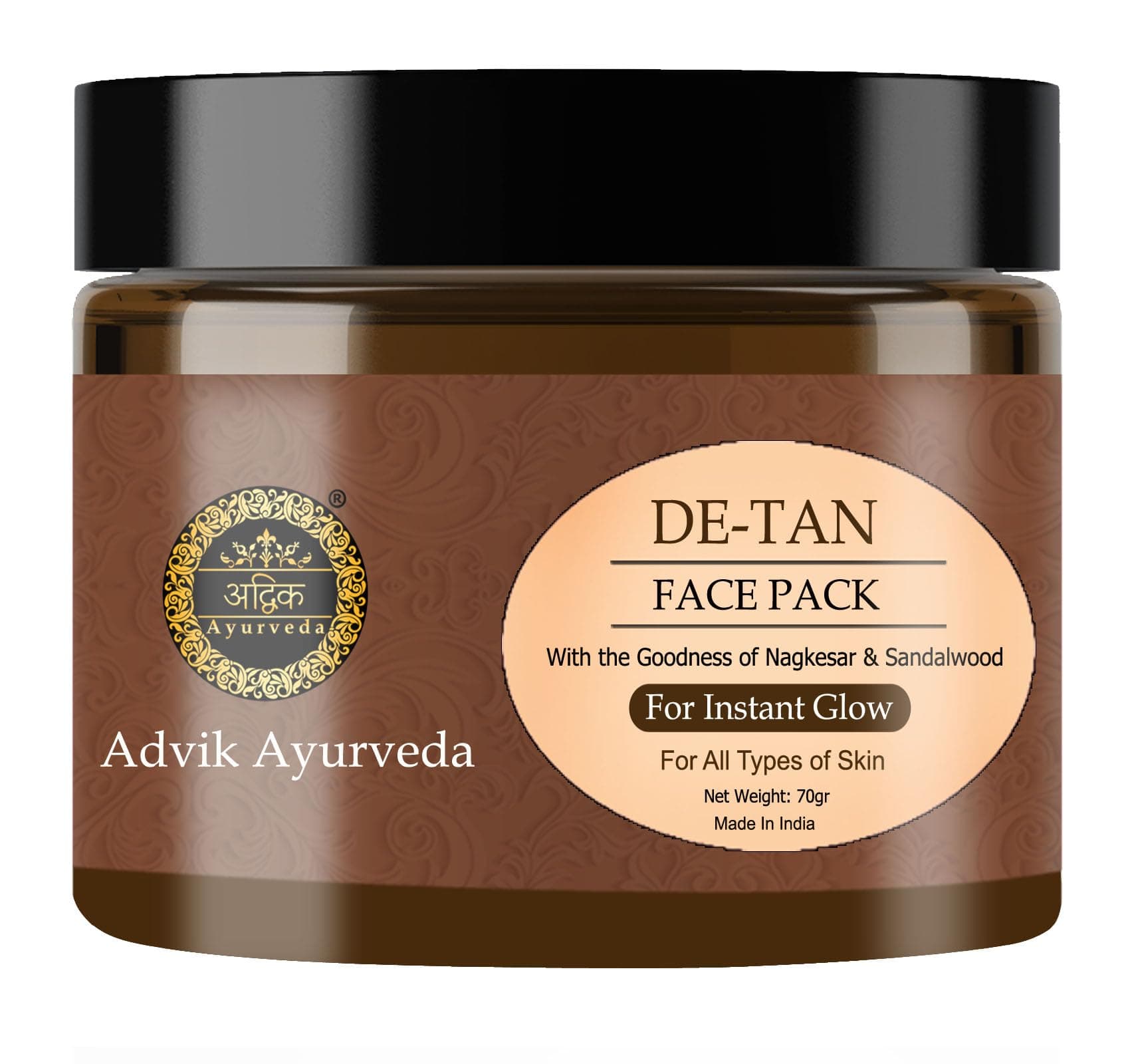 Advik Ayurveda Detan Face Pack for Tan Removal, 70gr | De Tan Face Pack for Men and Women | No Chemicals or Preservatives | 100% Natural Formula