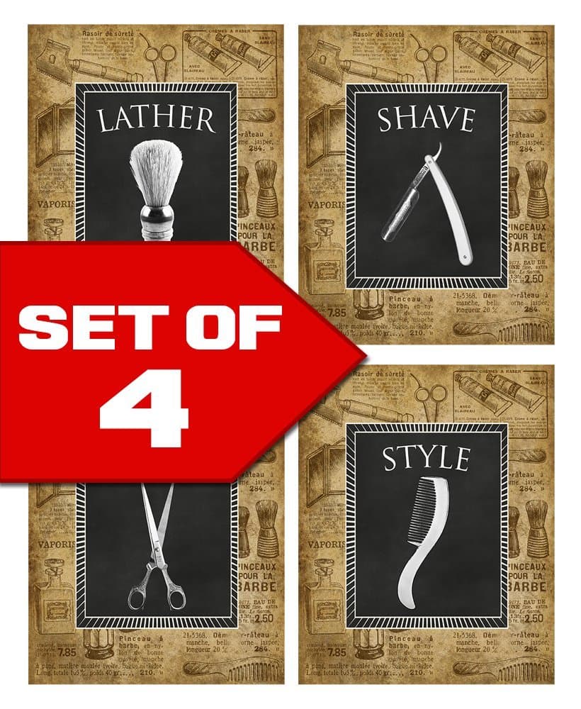 Wallables Vintage Barber Shop Theme! Set of Four Stylish 8x10 Mens Wall Decor Art Prints. Great for Bathroom, Bachelor Pad or Barbershop! Lather, Shave, Trim, Style Exclusively at