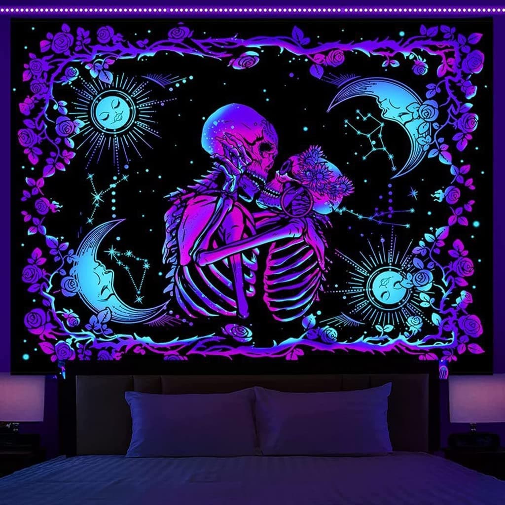 HASTHIP UV Luminous Skull Tapestry, UV Reactive Glow in The Dark, The Kissing Lovers Tapestry, Skeleton Wall Art for Bedroom Living Room, Wall Hanging Decor (51inch x 59inch) Polyester