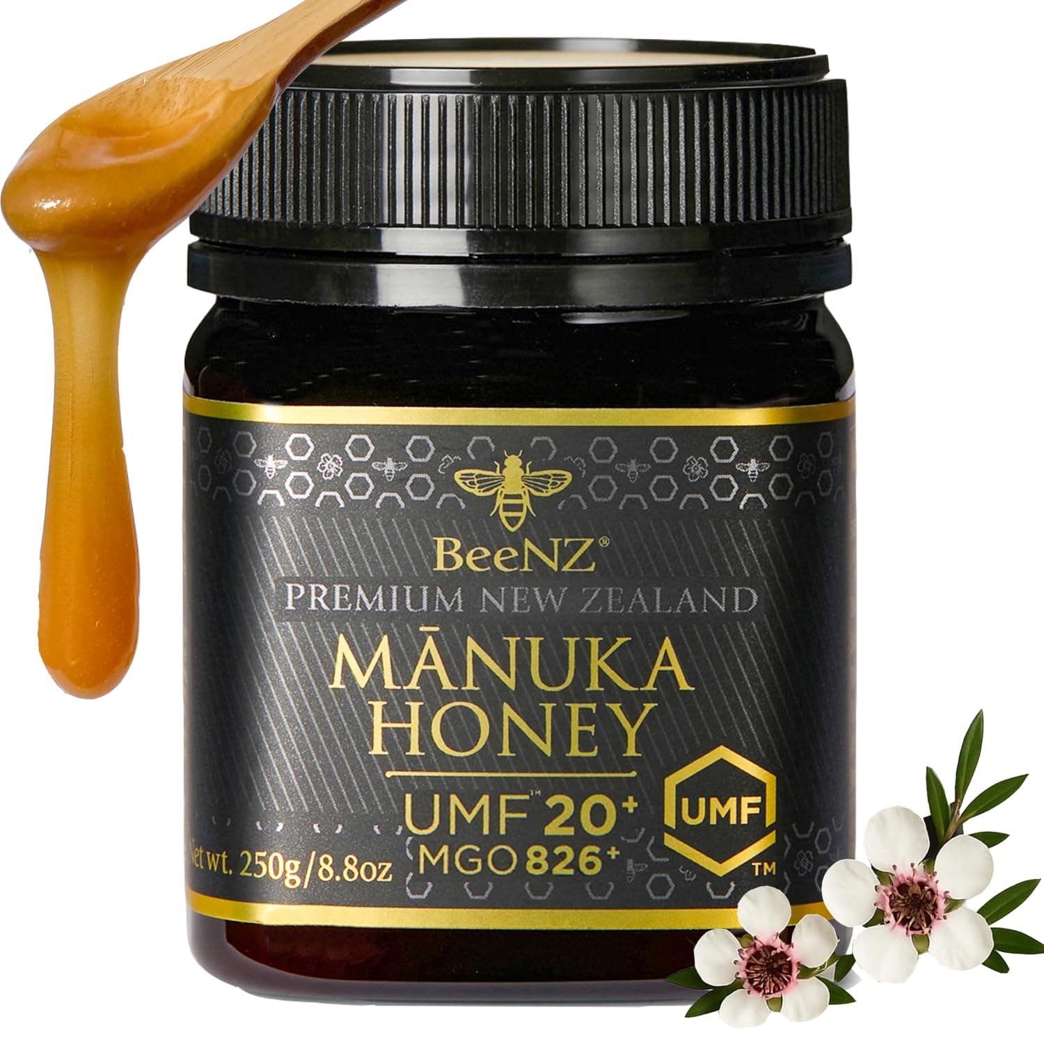 Raw Mānuka Honey, Certified UMF 20+ (MGO 829+), Pure New Zealand Monofloral Mānuka, Natural Sweetener, Superfood Honey for Wellness Support, No Sugar Added, Traceable from Hive to Jar, 8.8 oz/250g