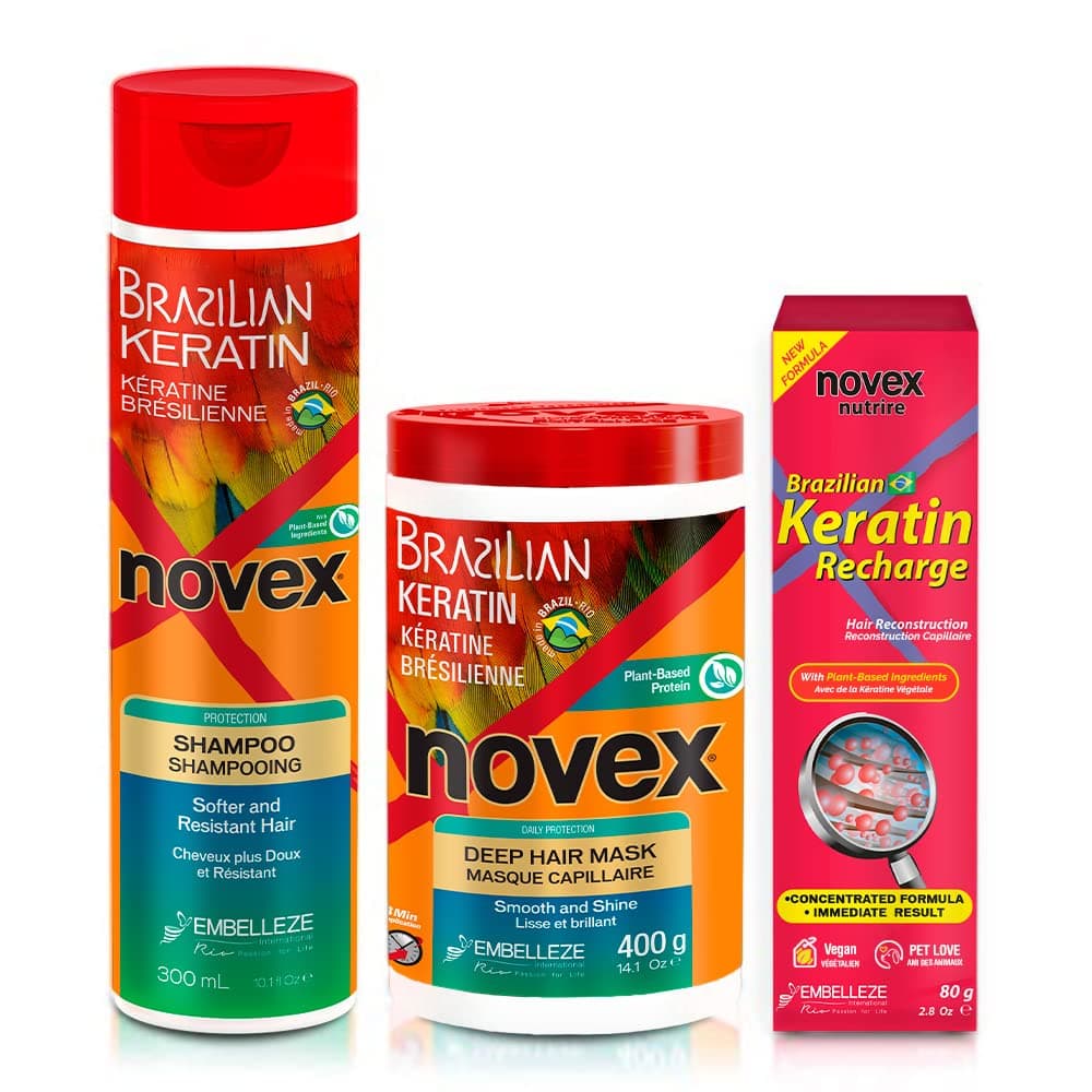 Novex Brazilian Keratin Hair Treatment Recharge Bundle - Reconstructive Keratin for Frizz control & Damage Repair - Smooths and Straightens Hair - Ultra Concentrated Formula for Daily Care - Unisex
