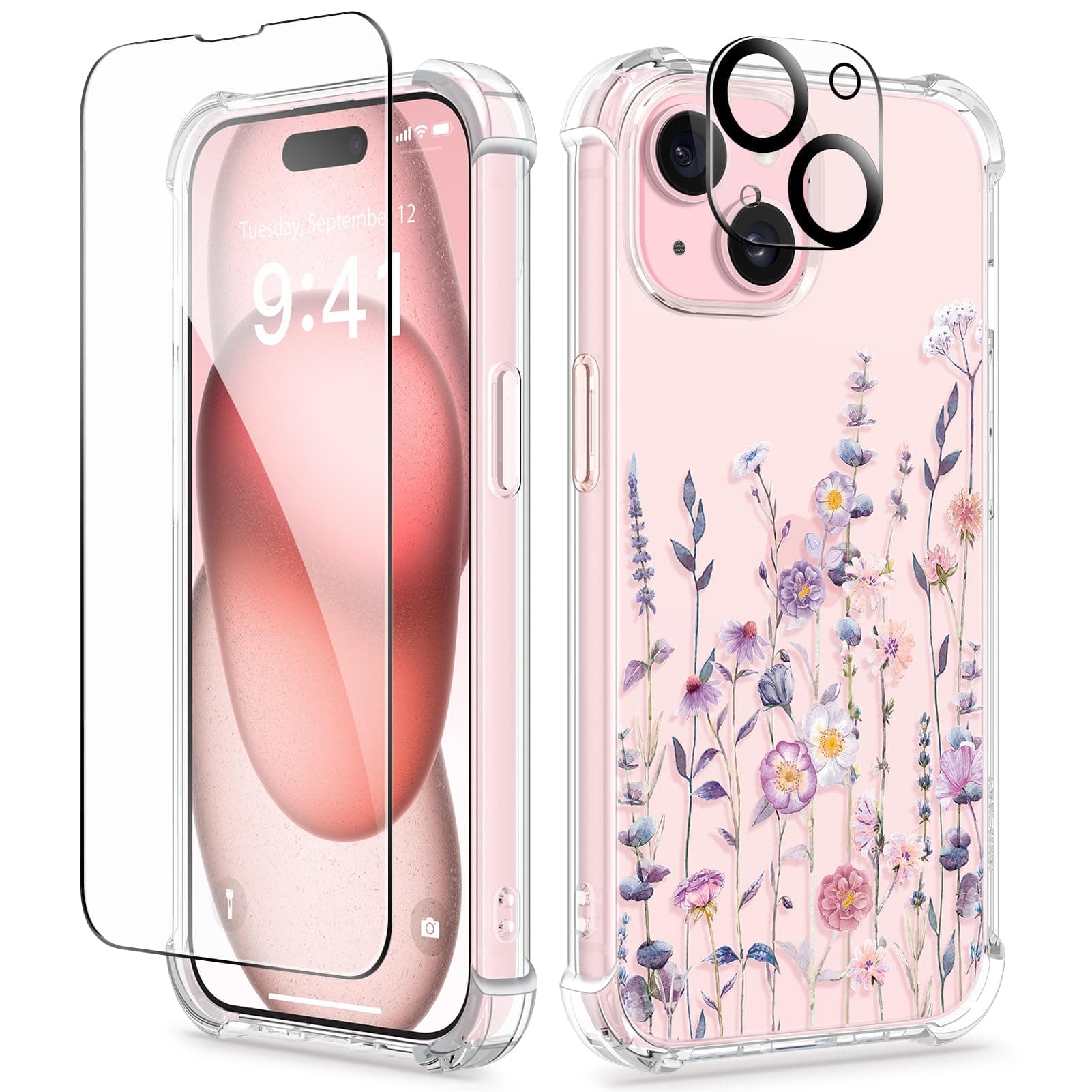 GVIEWIN for iPhone 15 Plus Case Floral, with Screen Protector&Camera Lens Protector,[Non Yellowing] Soft Shockproof Clear Phone Protective Cover for Women, Flower Pattern 6.7" (Floratopia/Colorful)