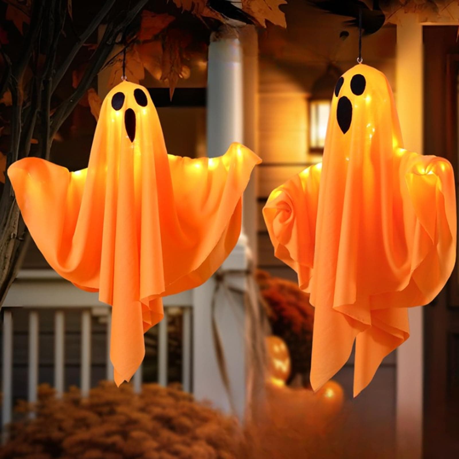 Halloween Ghost Decorations with Lights Halloween Decor Spooky Ghost Ornaments for Home Tree Garden Yard 2Pcs (Orange)