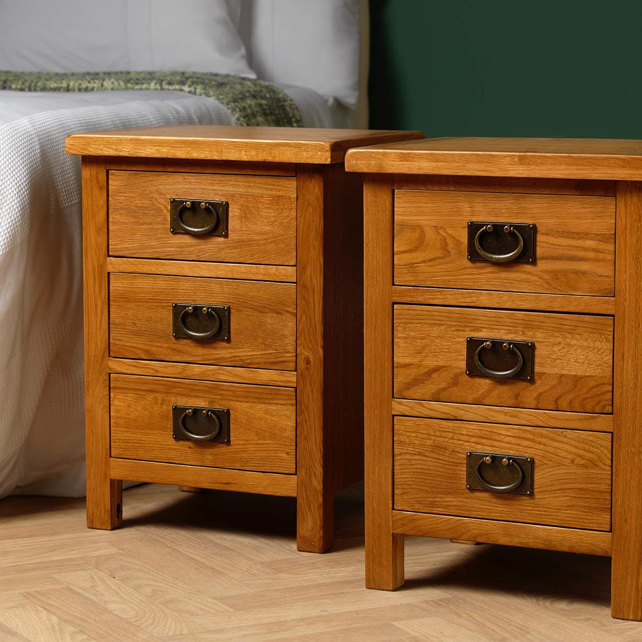 Pair of Baysdale 3 Drawer Rustic Oak Bedside Table/Cabinet