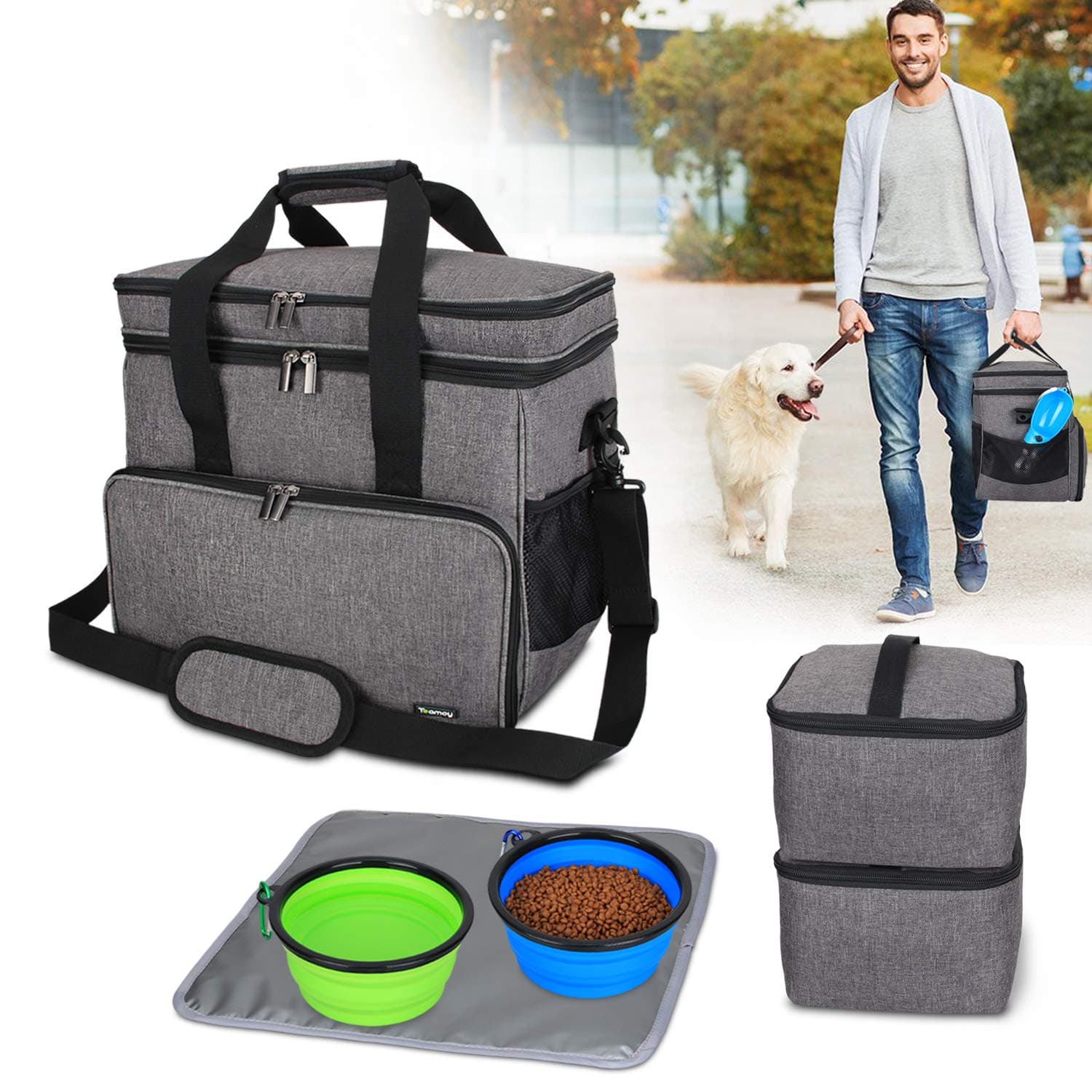 Teamoy Double Layer Dog Travel Bag with 2 Silicone Collapsible Bowls, 2 Food Carriers, 1 Water-Resistant Placemat, Pet Supplies Weekend Tote Organizer (Large, Gray)