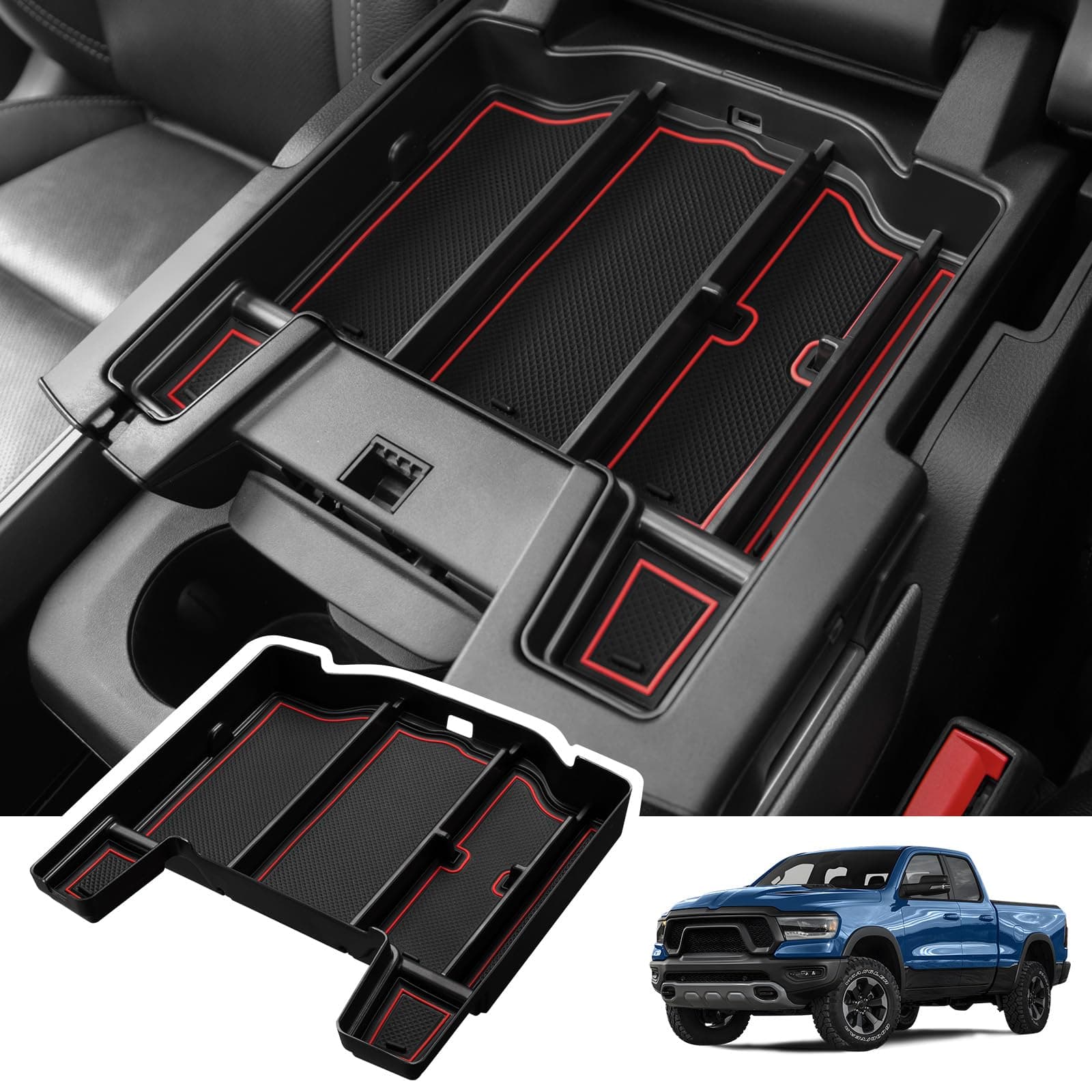 Motrobe Center Console Organizer Tray for Dodge RAM 1500 2500 3500 Armrest Storage Box Accessories 2024 2023 2022 2021 2020 2019