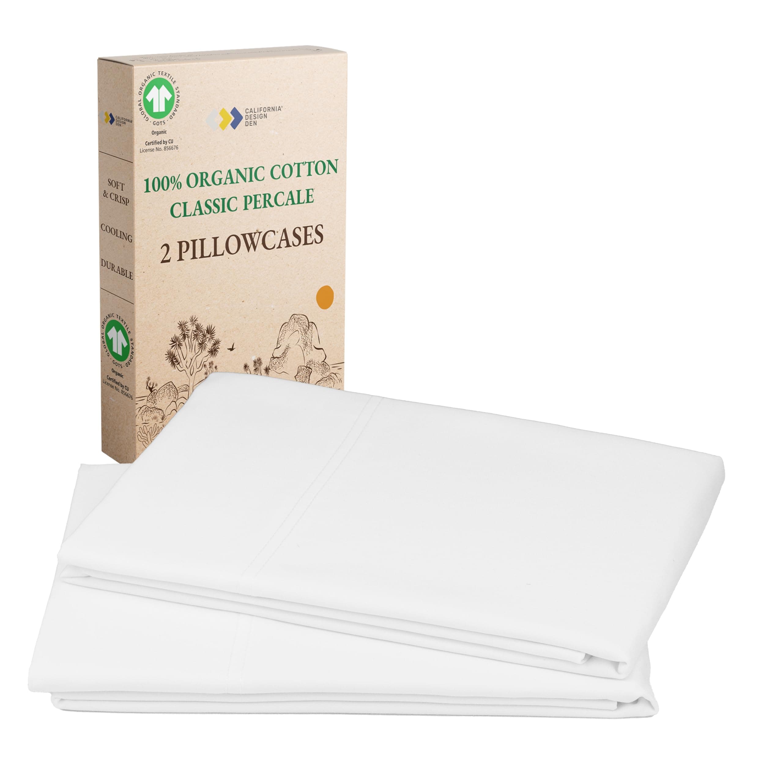 100% Organic Cotton Pillow Cases Queen/Standard Set of 2, Soft & Crisp Percale Weave Cotton Pillowcases (Bright White)