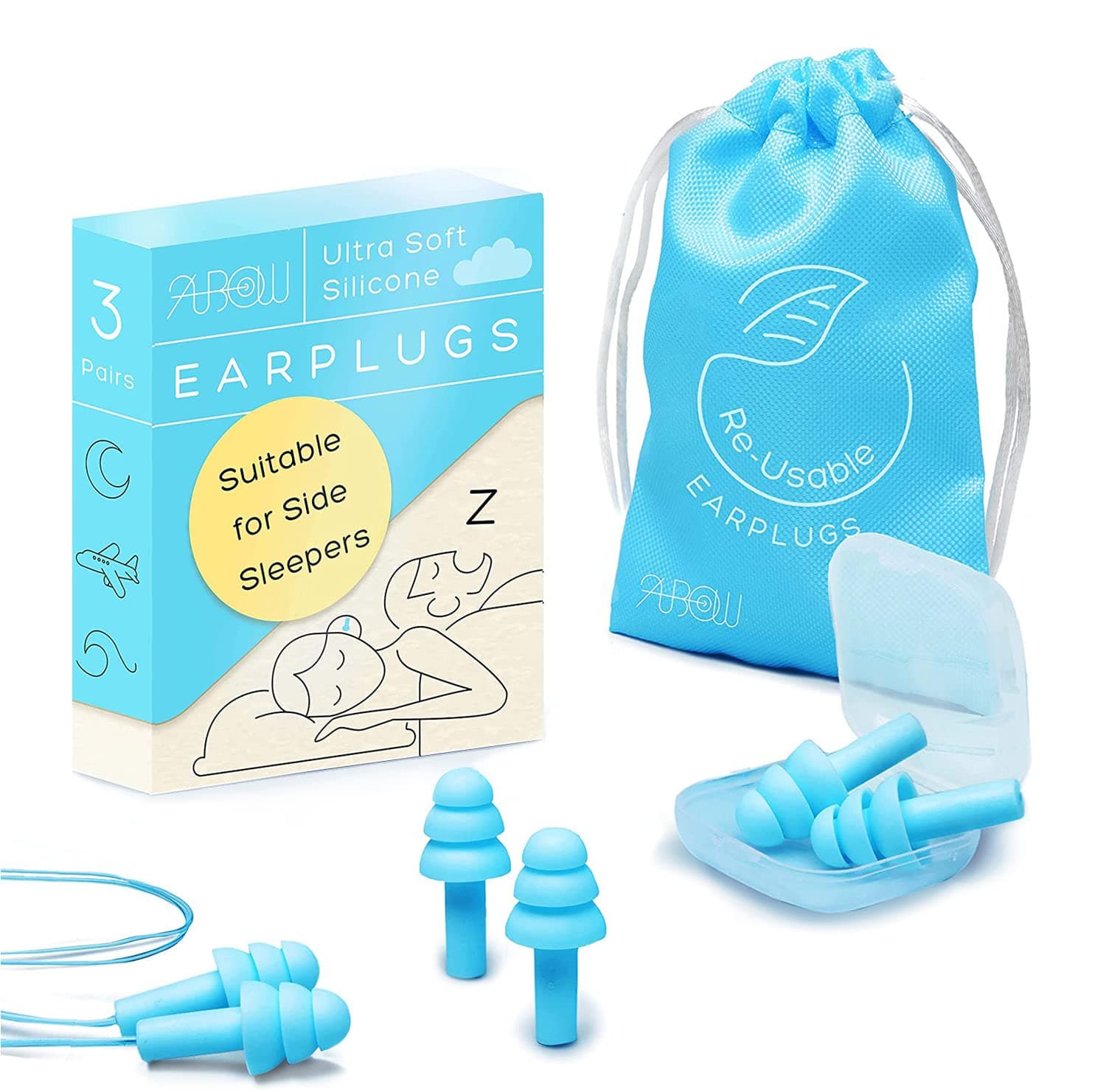 Reusable Silicone Ear Plugs - Waterproof Hypoallergenic Noise Reduction Earplugs for Sleeping, Swimming, Snoring, Concerts, 32dB Highest NRR, 3 Pairs with Bonus Travel Pouch
