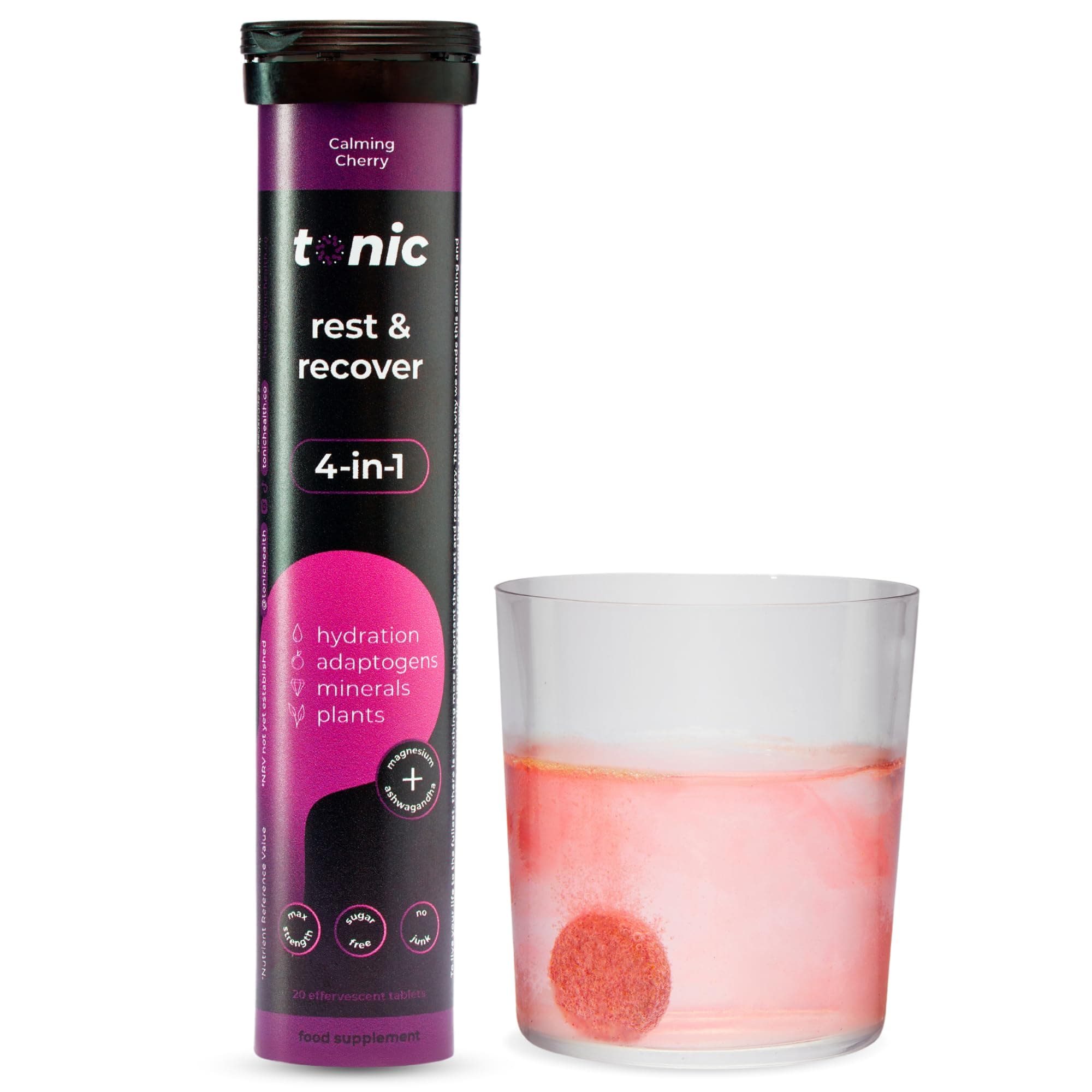 Rest and Recovery Effervescent Tablets - 300mg Elemental Magnesium, Ashwagandha, Lemon Balm - No Sugar, Magnesium Glycinate - Relax and Recharge, Calming Cherry 20 Count