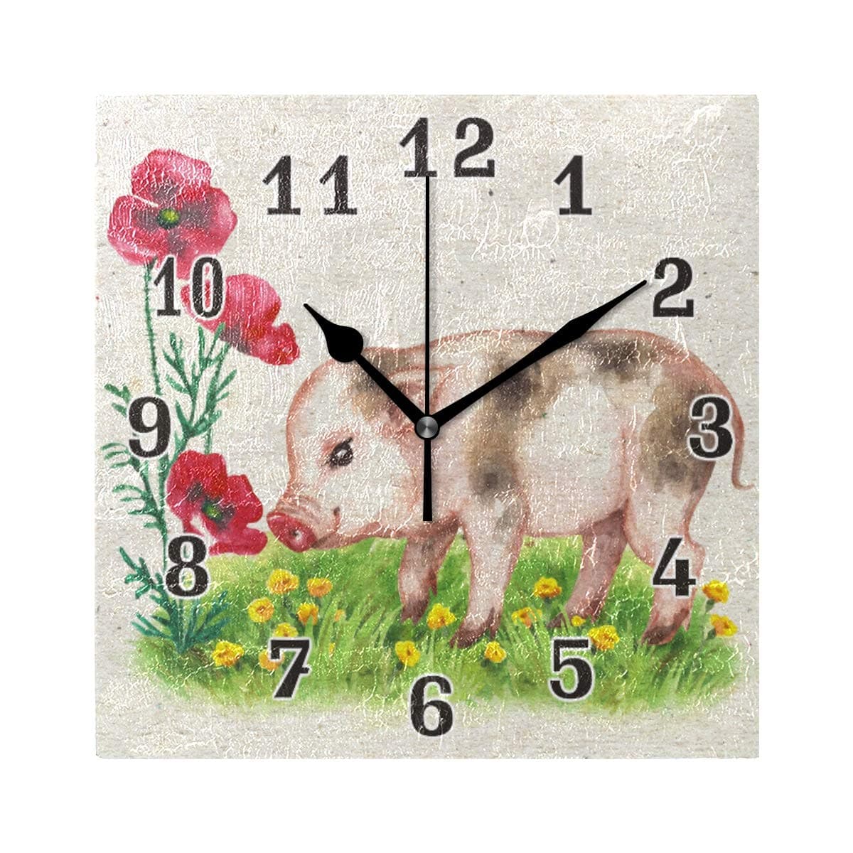 Wall Clock Cute Animal Pig Flower Poppy, Square Clock Silent No Ticking Quiet Clock for Bedroom Living Room Kitchen Office Home Decor
