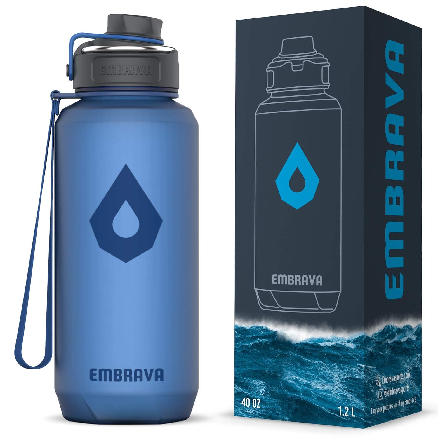 Embrava 40 oz Water Bottle - Large BPA Free Sports Bottle for Gym Hiking - Wide Mouth Leak Proof Fast Flow - Durable Reusable Tritan Plastic - Carry Ring - Sport Water Bottles for Men Women