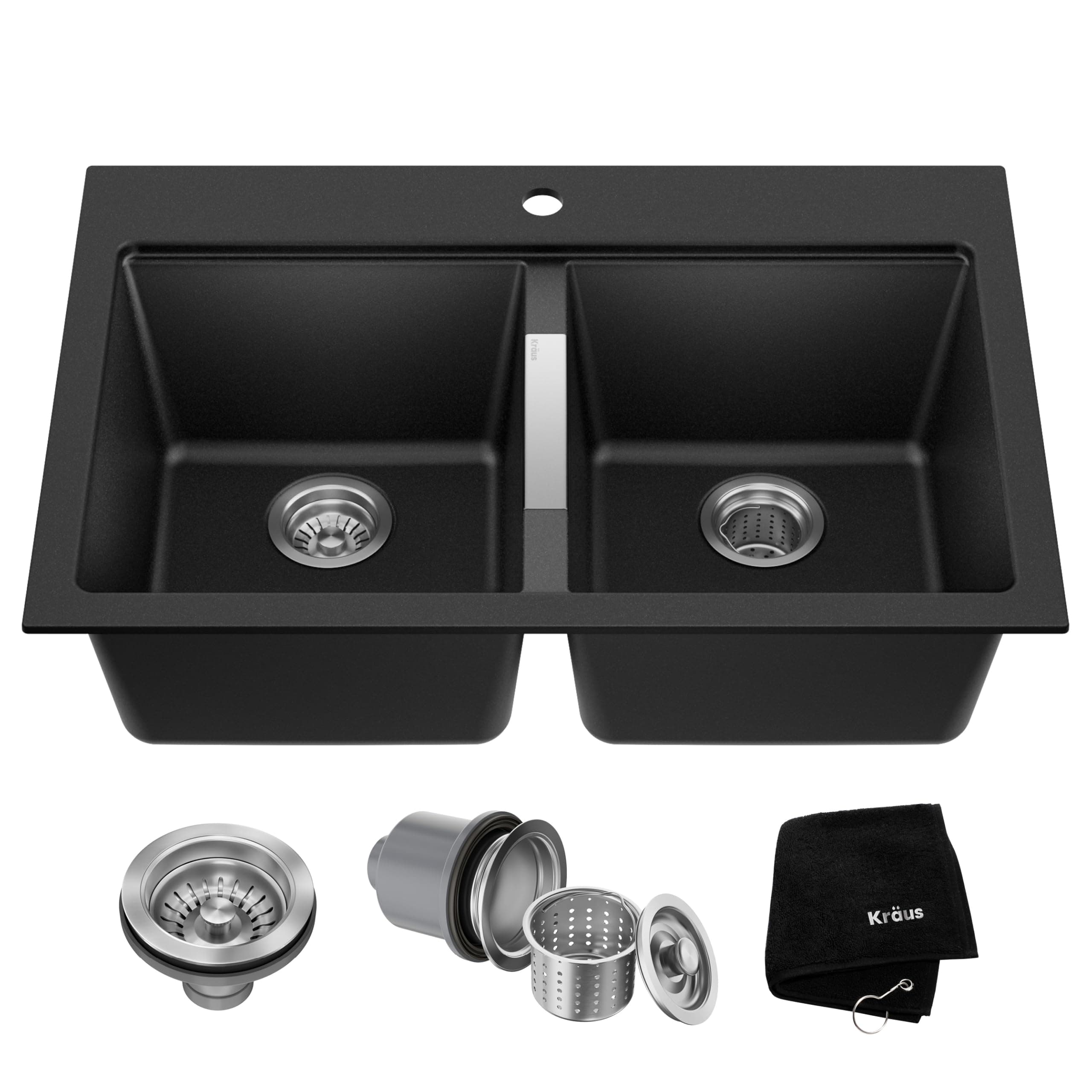 Kraus 33 1/2" Dual Mount 50/50 Double Bowl Black Onyx Granite Kitchen Sink