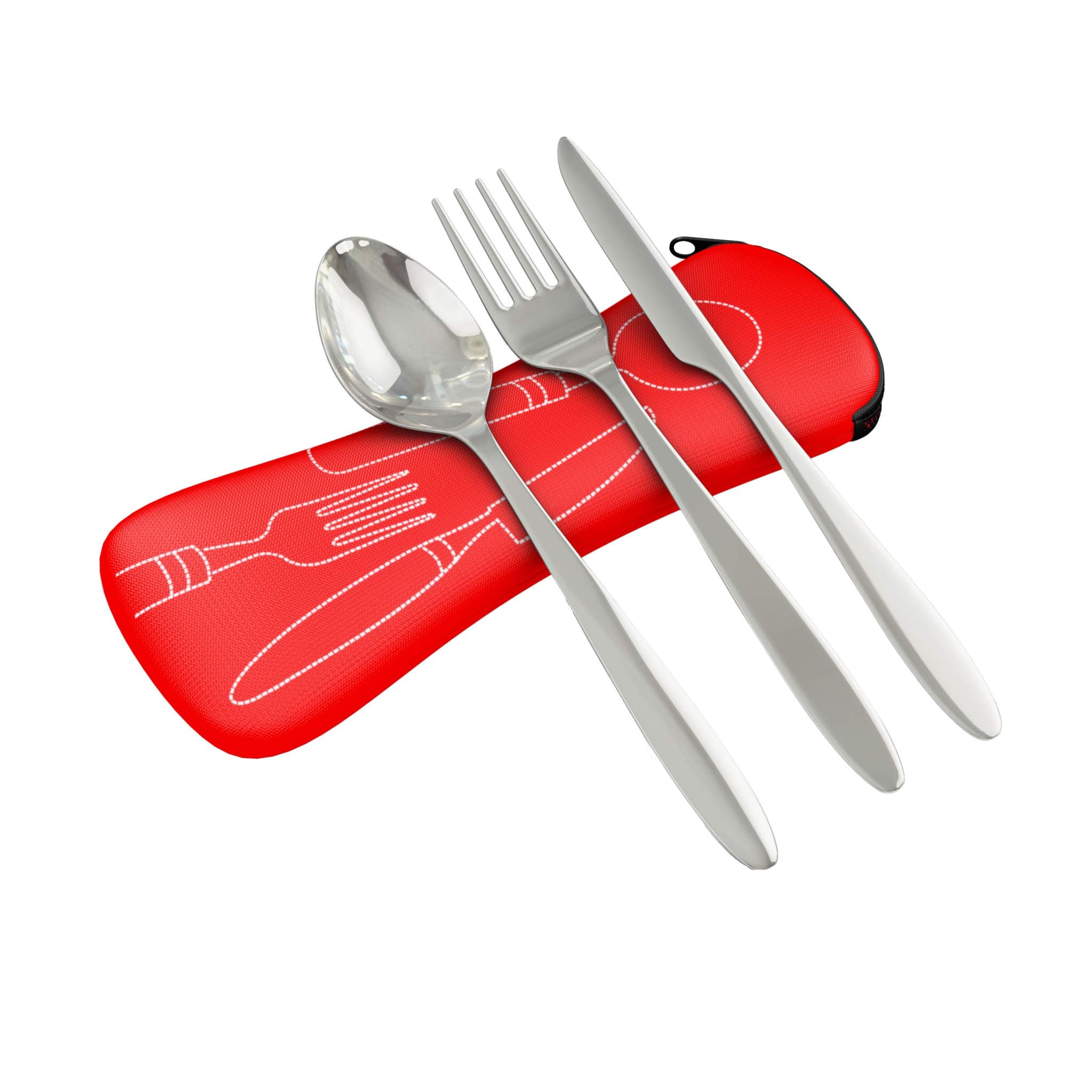 3 Piece Stainless Steel (Knife, Fork, Spoon) Lightweight, Travel/Camping Cutlery Set with Neoprene Case