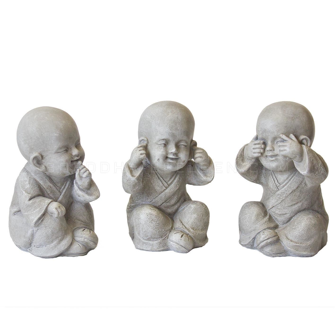 Shaolin monk statue | Set of child monks See No Evil Hear No Evil Speak No Evil | Height 12 cm | gray | Decorative items for home and garden |