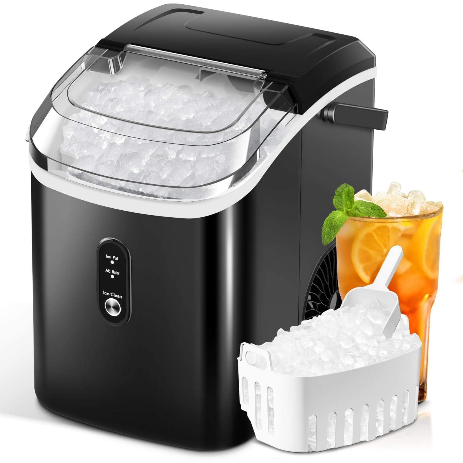 Nugget Ice Makers Countertop with Soft Chewable Pellet Ice, Pebble Ice Maker Machine with Self-Cleaning, 35Lbs/24Hrs, One-Click Operation, Ice Basket/Ice Scoop for Home/Office/Bar/Party, Black