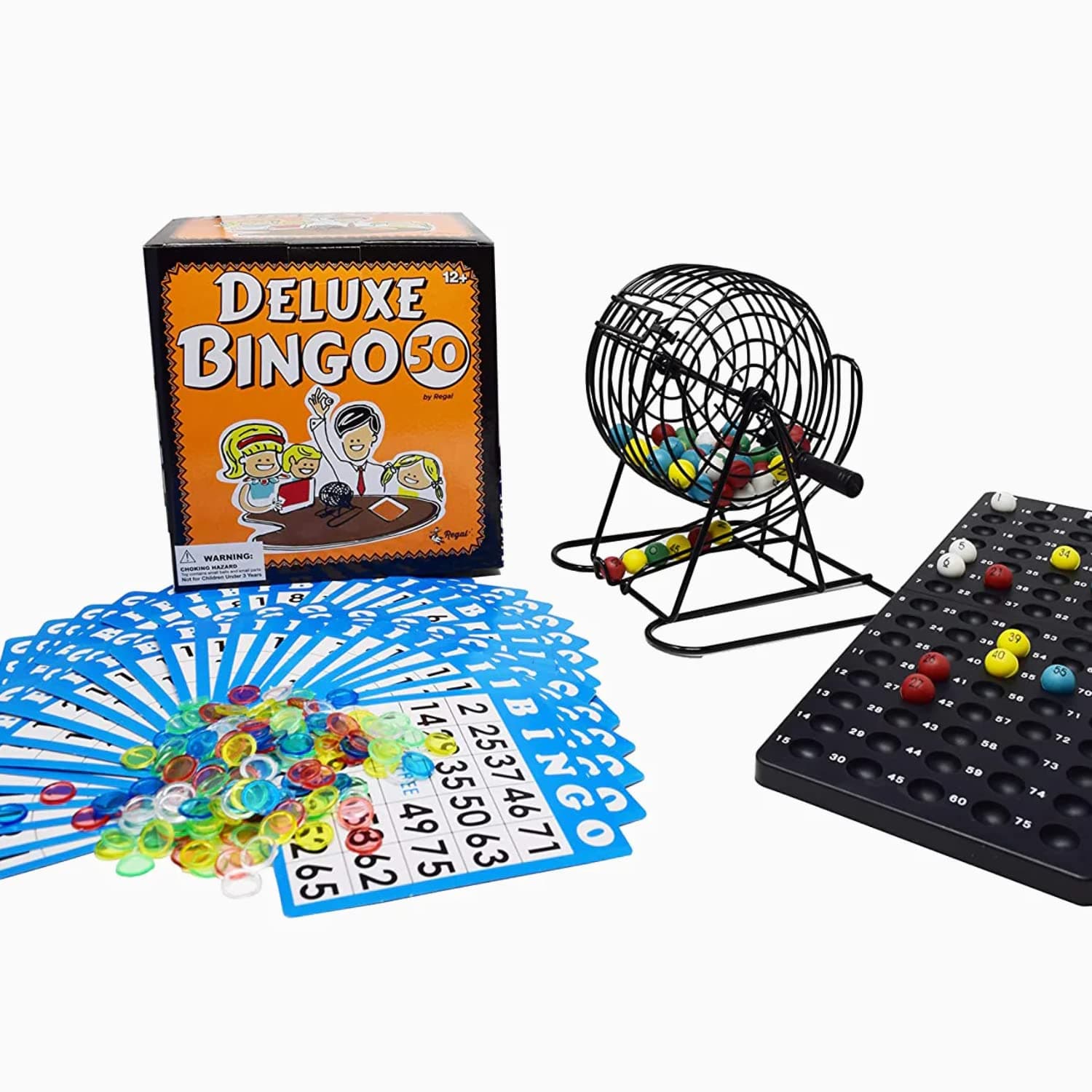 Regal Bingo Deluxe Game Set for Adults and Kids - Includes 8 Inch Wheel Cage, 75 Balls, Master Board, 50 Cards and Colorful Chips - Fun Family Game Night