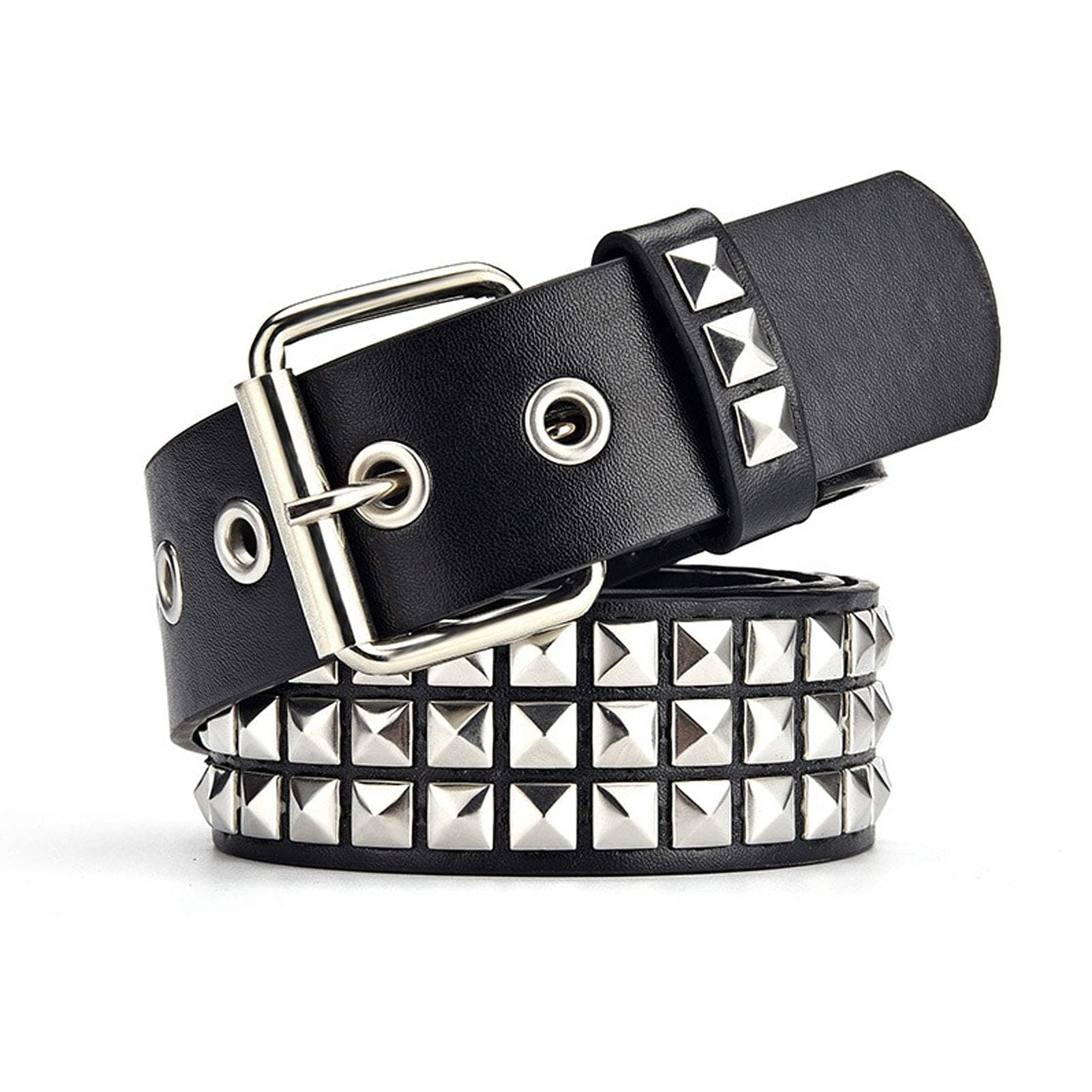Black Studded Belt Punk Rock Rivet Belt Grommet Threads belts with Bright Metal Pyramid for Women Men