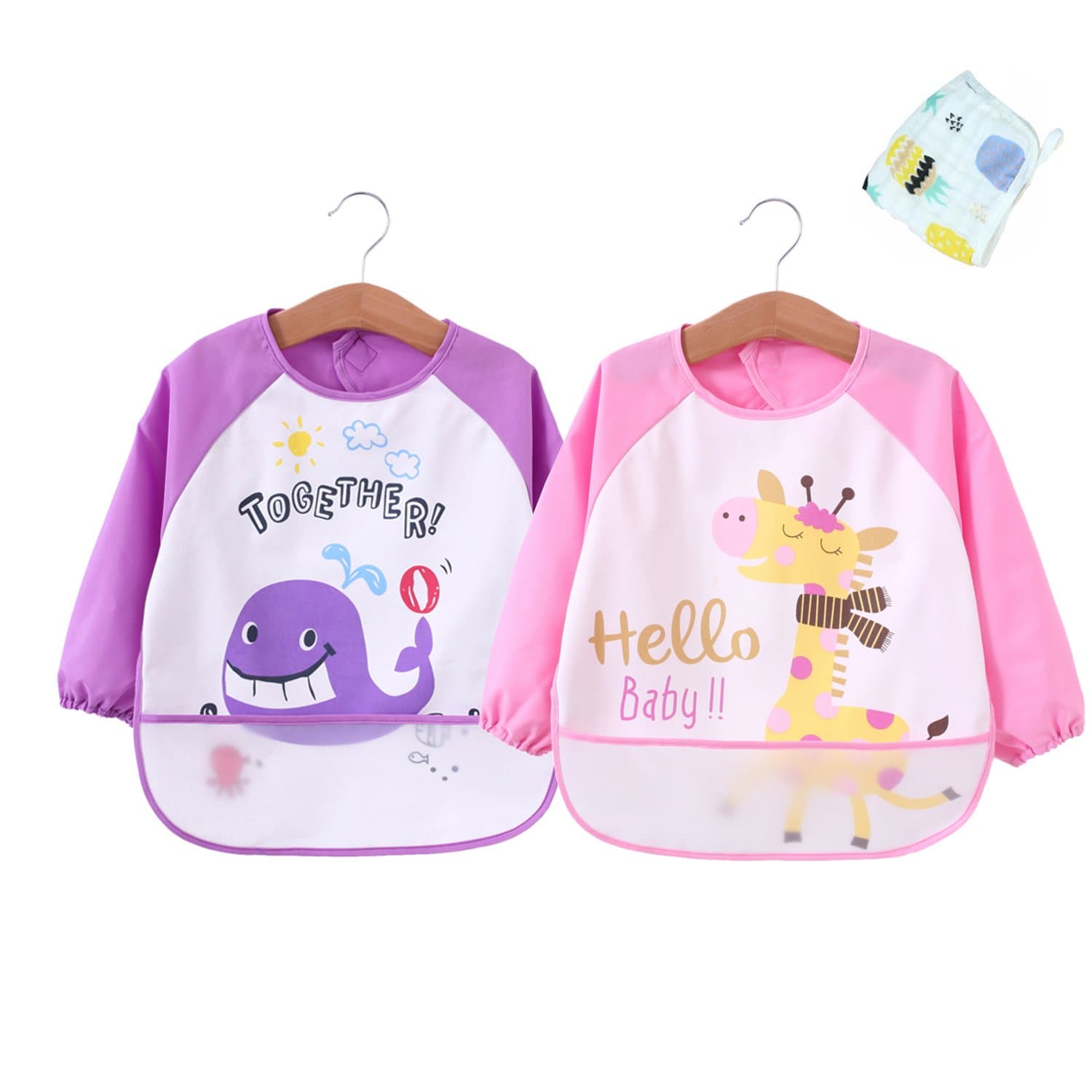 Babylaza Infant Toddler Baby Waterproof Sleeved Bib, Set of 2, Free Baby Towels (6-24 Months) (Purple + Light Pink)