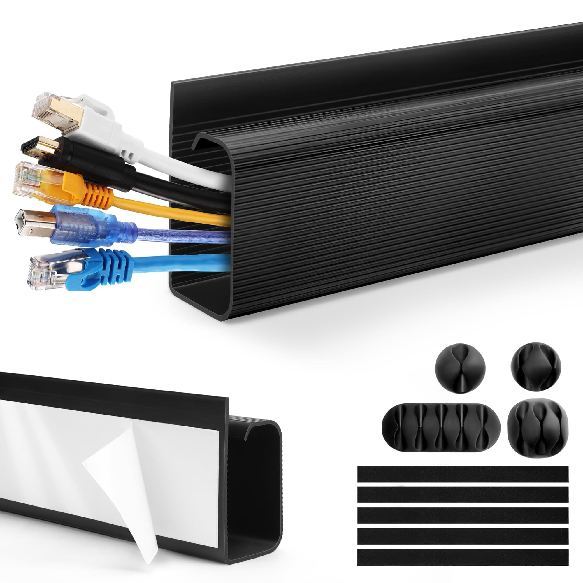 Cable Management Under Desk 31.5in (2X L15.8in) J Channel, ZhiYo Cord Organizer for Desk, Self-Adhesive Cable Organizer, Cord Management Wire Organizers for Cords, Wire Management Cable Raceway Black