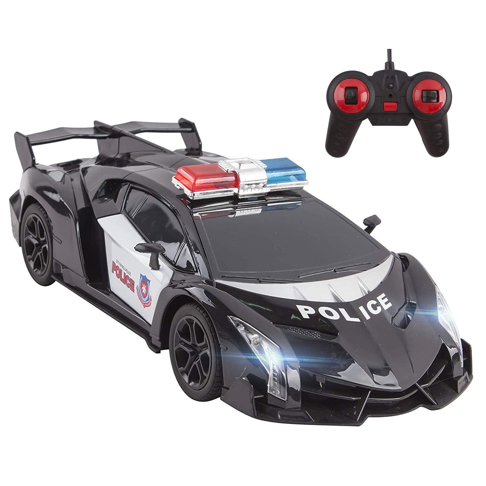 Vokodo Police RC Car Super Exotic 12" 1:16 Scale Size Kids Remote Control Easy to Operate Toy Sports Cars with Functional LED Headlights Cop Race Vehicle Full Function Great Gift for Boys (Black)