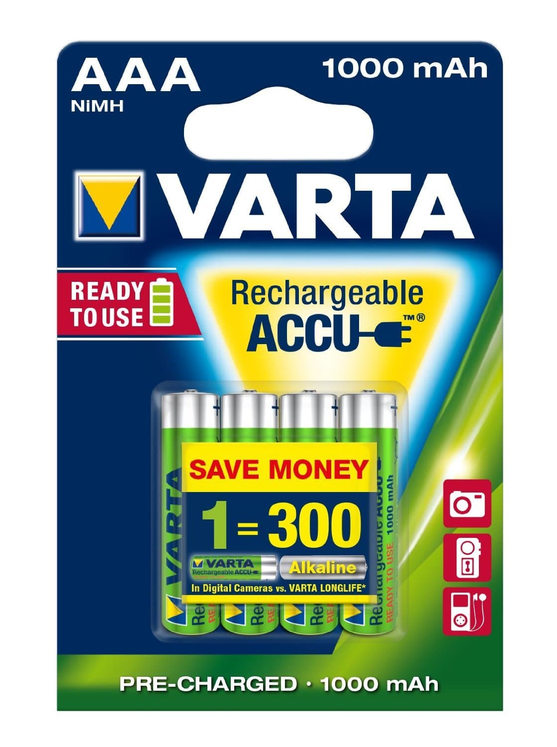 Varta Rechargeable AAA Batteries 1.2V NiMH 1000mAh Pack of 4