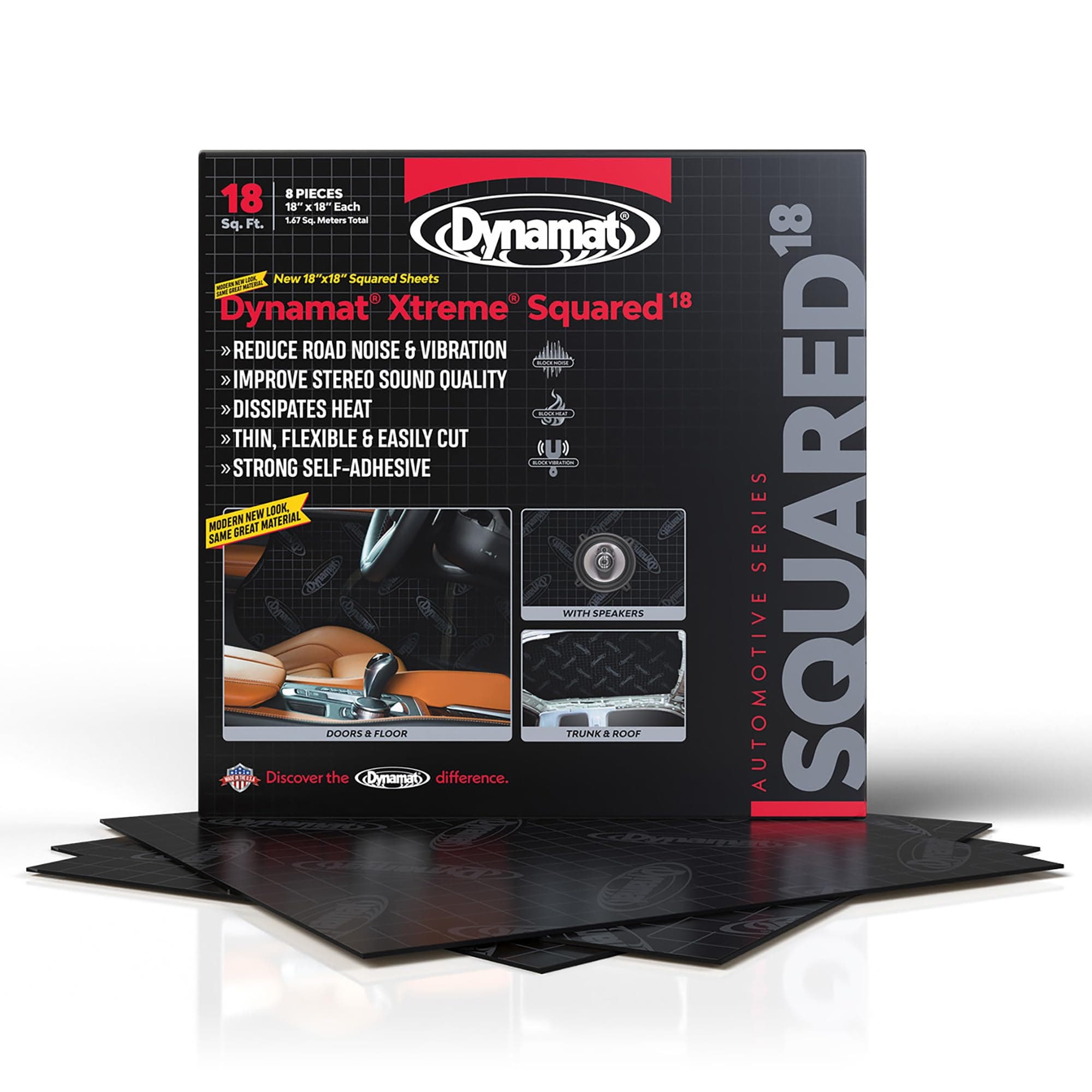 Dynamat Xtreme Sound Deadening Car Insulation Squared 18 Pack – Noise Dampening Kit for Floor, Doors, Panels, Hood, Engine or Trunk – Easy Self Adhesive Install – 8 Sheets 18”x18”, 18 sq ft Total