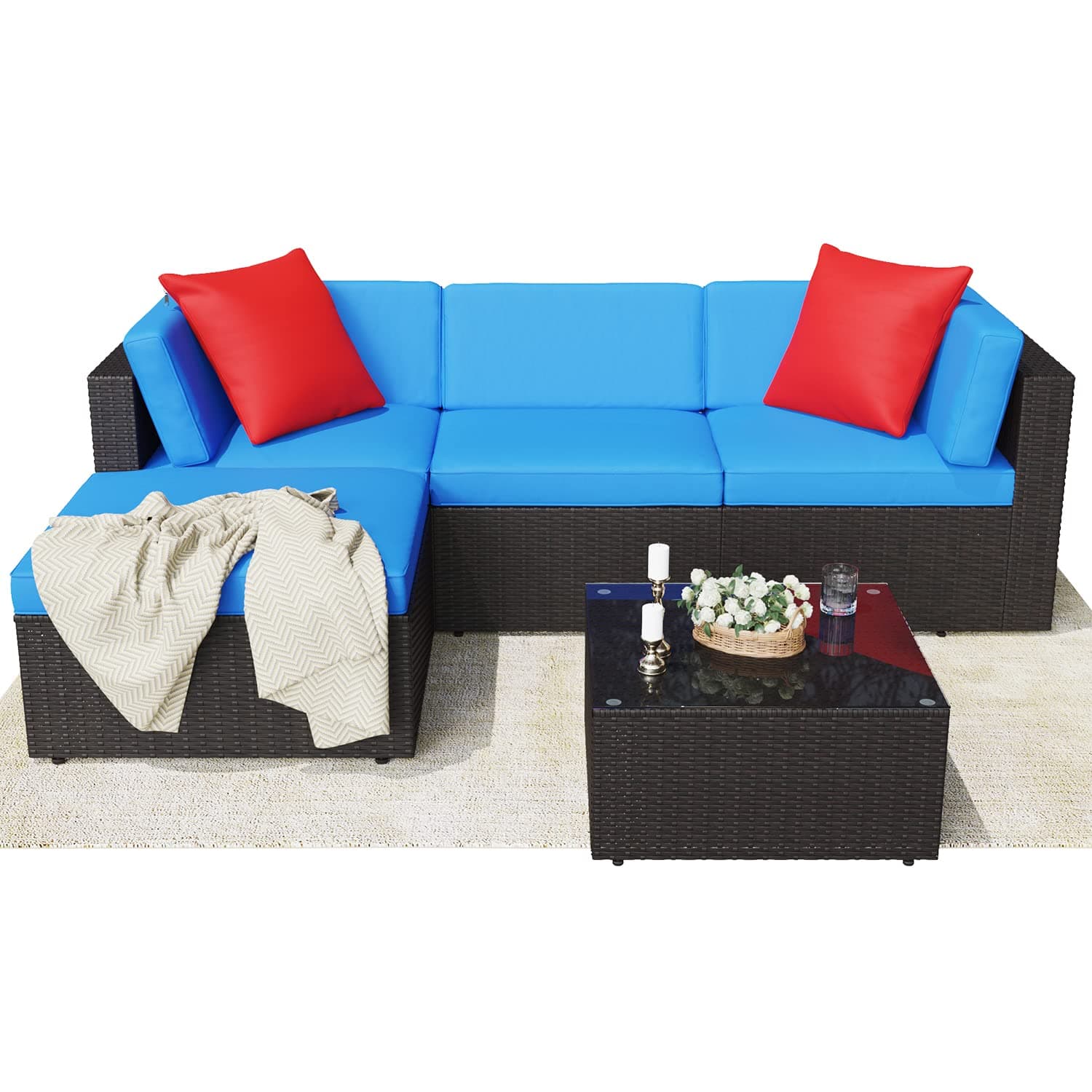 Greesum 5 Piece Patio Furniture Sets Outdoor Wicker Rattan Sectional Sofa with Cushions, Pillows & Glass Table, Blue
