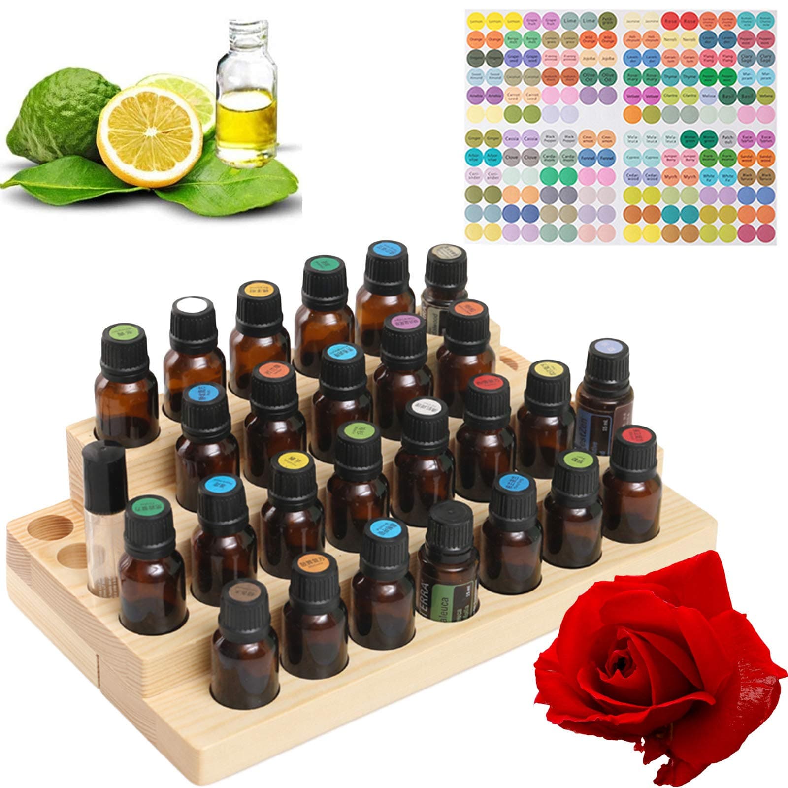 VolksRose 4-Tier Essential Oils Storage Rack, Wooden Essential Oils Nail Polish Display Holder Shelf, Cosmetic Perfume Essential Oil Organizer Stand - 30 Slots for (5ml 10ml 15ml 20ml) Bottles