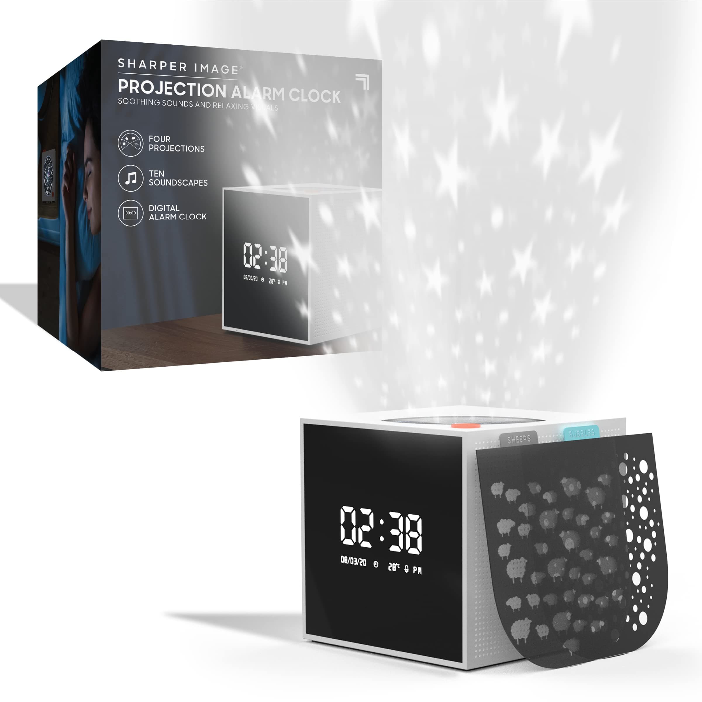 Sharper Image Projection Alarm Clock with Soothing Sounds and Relaxing Visuals, 4 Projections & 10 Soothing Soundscapes, Full-Function Digital Alarm Clock, Project Color-Changing Stars