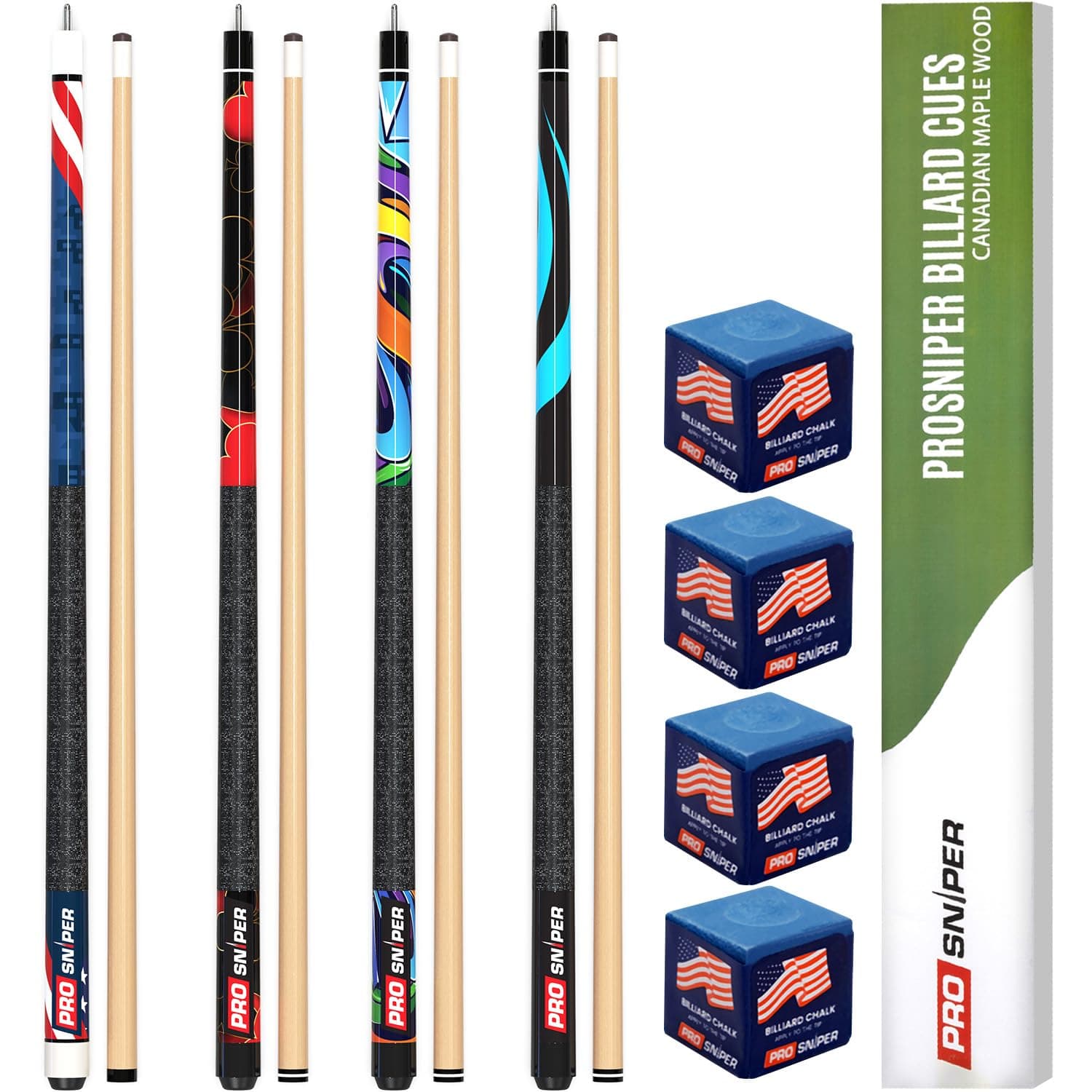 ProSniper Pool Cues | Set of 4 Pool Cue Sticks Made Canadian Maple Wood | Extra 4 Pool Chalk Included | Unique Design and Durable Cue Stick for Professional Billiard Players