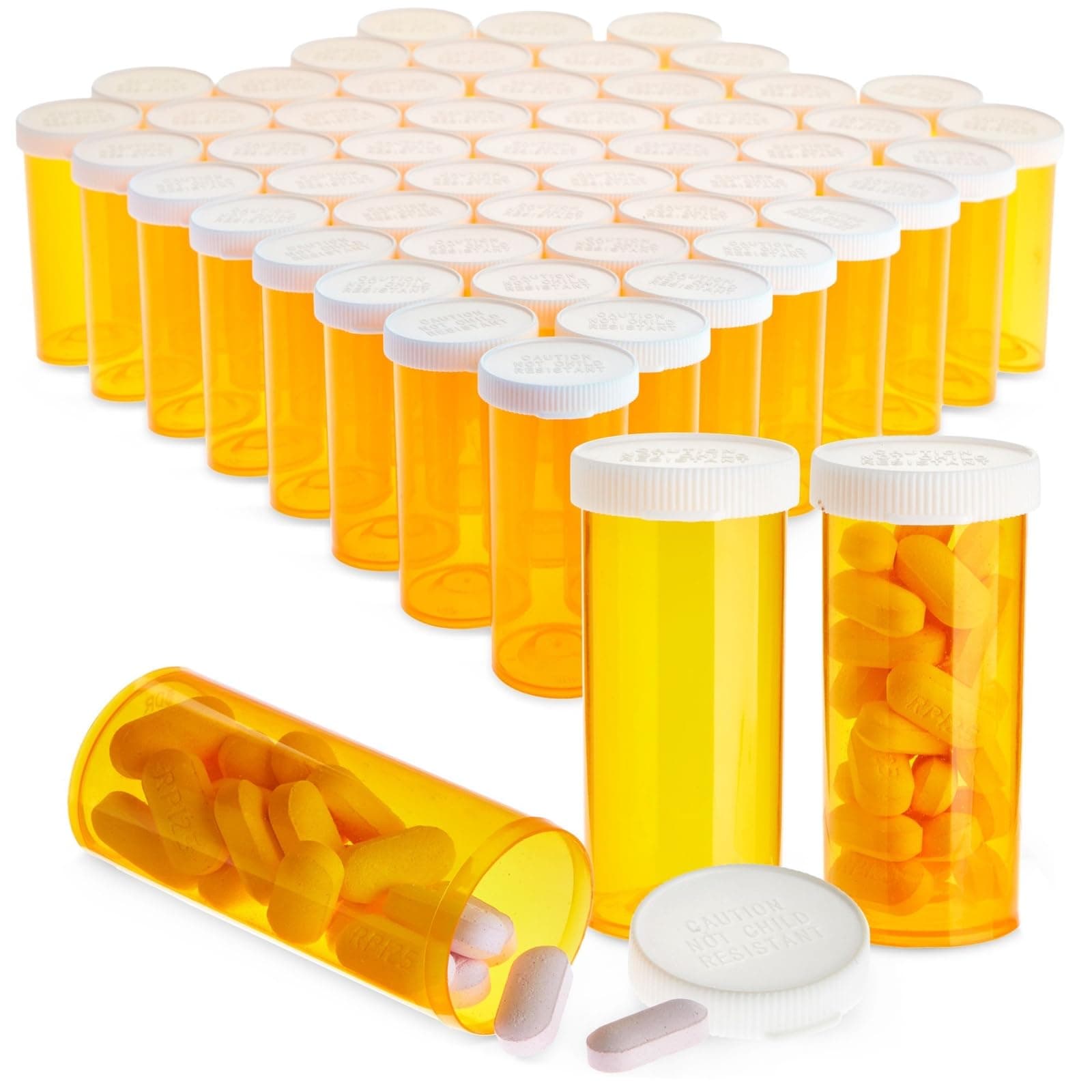 Juvale Pill Bottles with Caps - 50 Pack, 8 Dram, Orange Plastic - Empty Pill Bottles & Vials for Travel & Medical Party Decorations