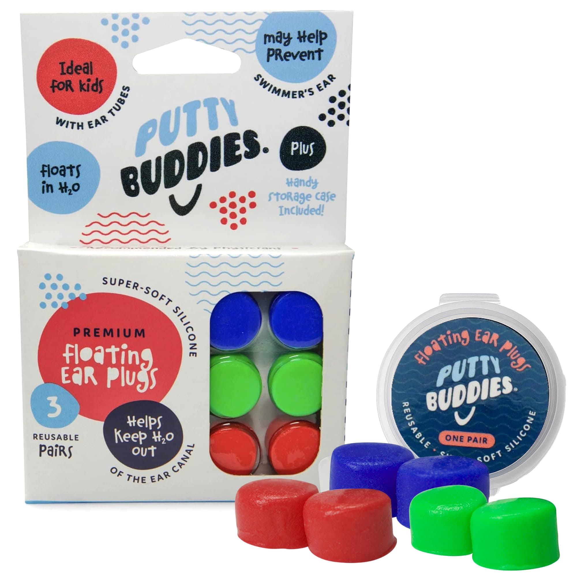 Putty Buddies Floating Soft Silicone Earplugs Blue, Red & Green 3 Pair Pack