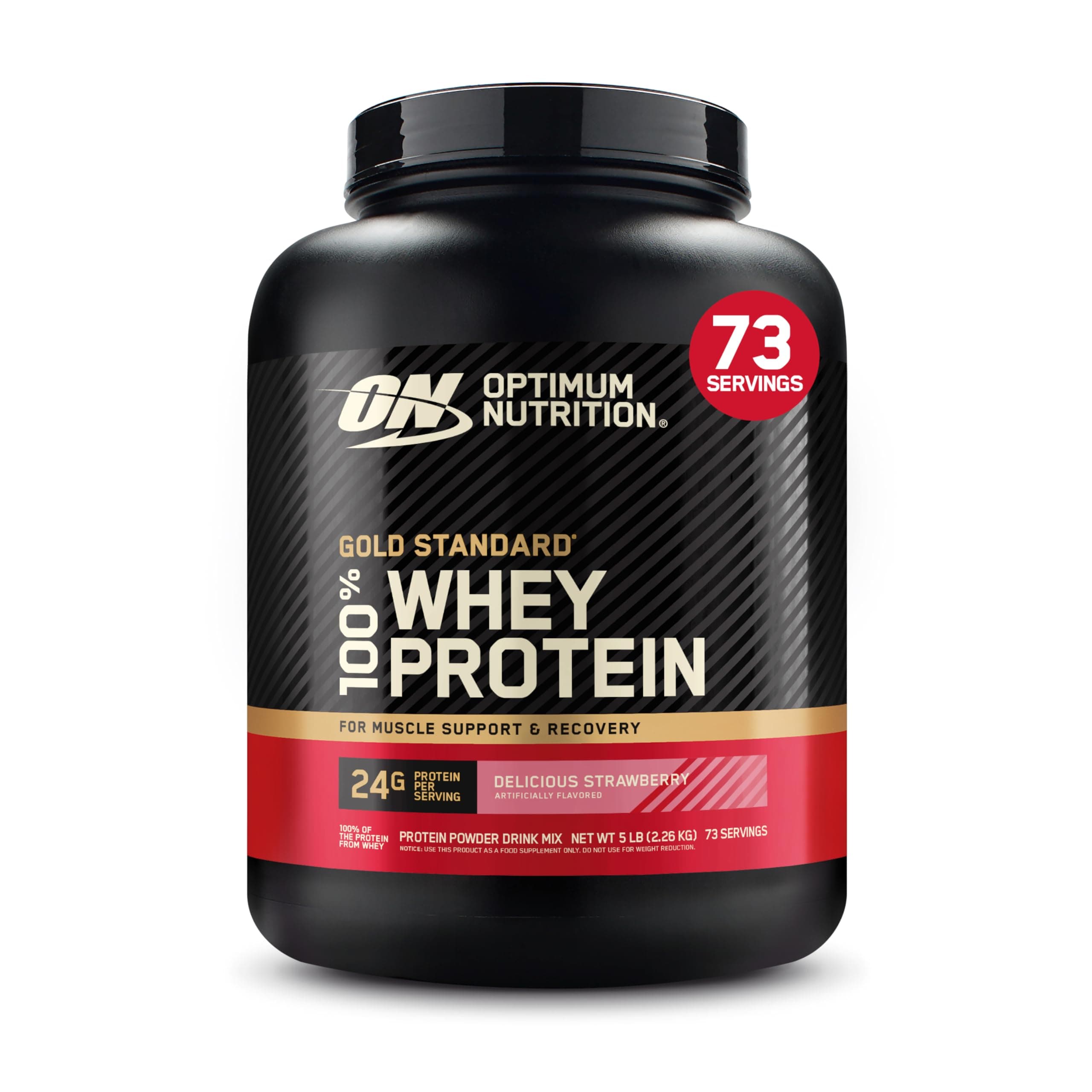 (ON) Gold Standard 100% Whey Protein Powder Primary Source Isolate, 24 Grams of Protein for Muscle Support and Recovery - Delicious Strawberry, 5 Lbs, 73 Servings (2.27 KG)