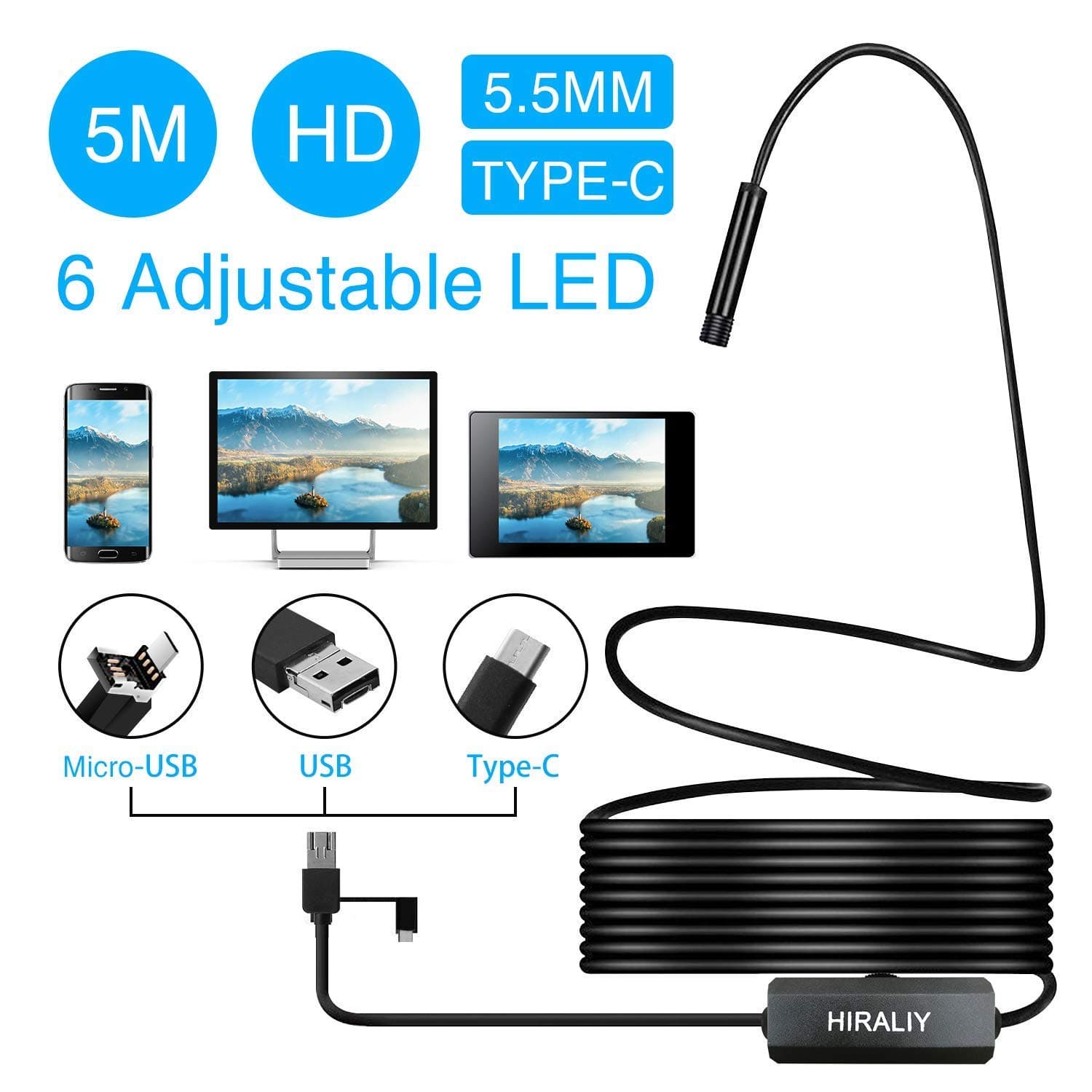 HIRALIY 3 in 1 USB Endoscope Camera for Android Semi-Rigid Type C Borescope USB C Inspection Camera HD Waterproof Snake Camera with 6 Adjustable Led Light for Windows PC