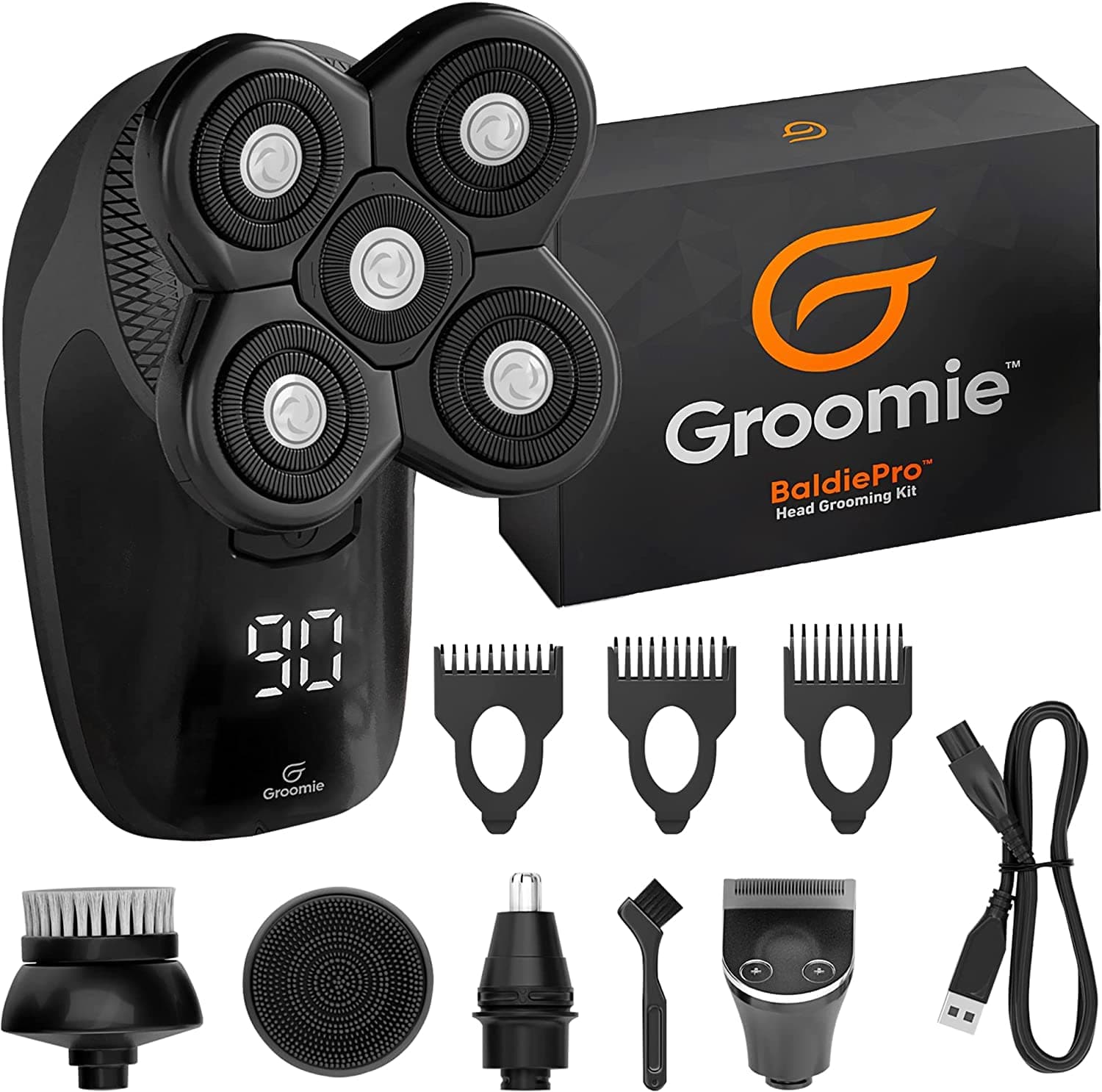GROOMIE BaldiePro Electric Skull Shaver for Men & Women - 10,000 RPM Motor Head Shaver with Rotary Blades - IPX7 Waterproof Wet/Dry Shaver for Bald Heads - Rechargeable Nose & Ear Clipper/Trimmer