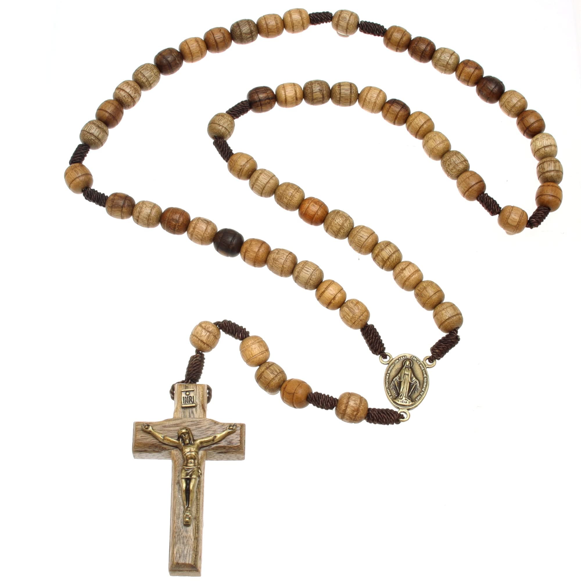 Our Father Solid Wooden Rosary Beads Catholic (Handmade - Brazilian Walnut) with Madonna Medallion Junction - Comes in Velour Gift Pouch