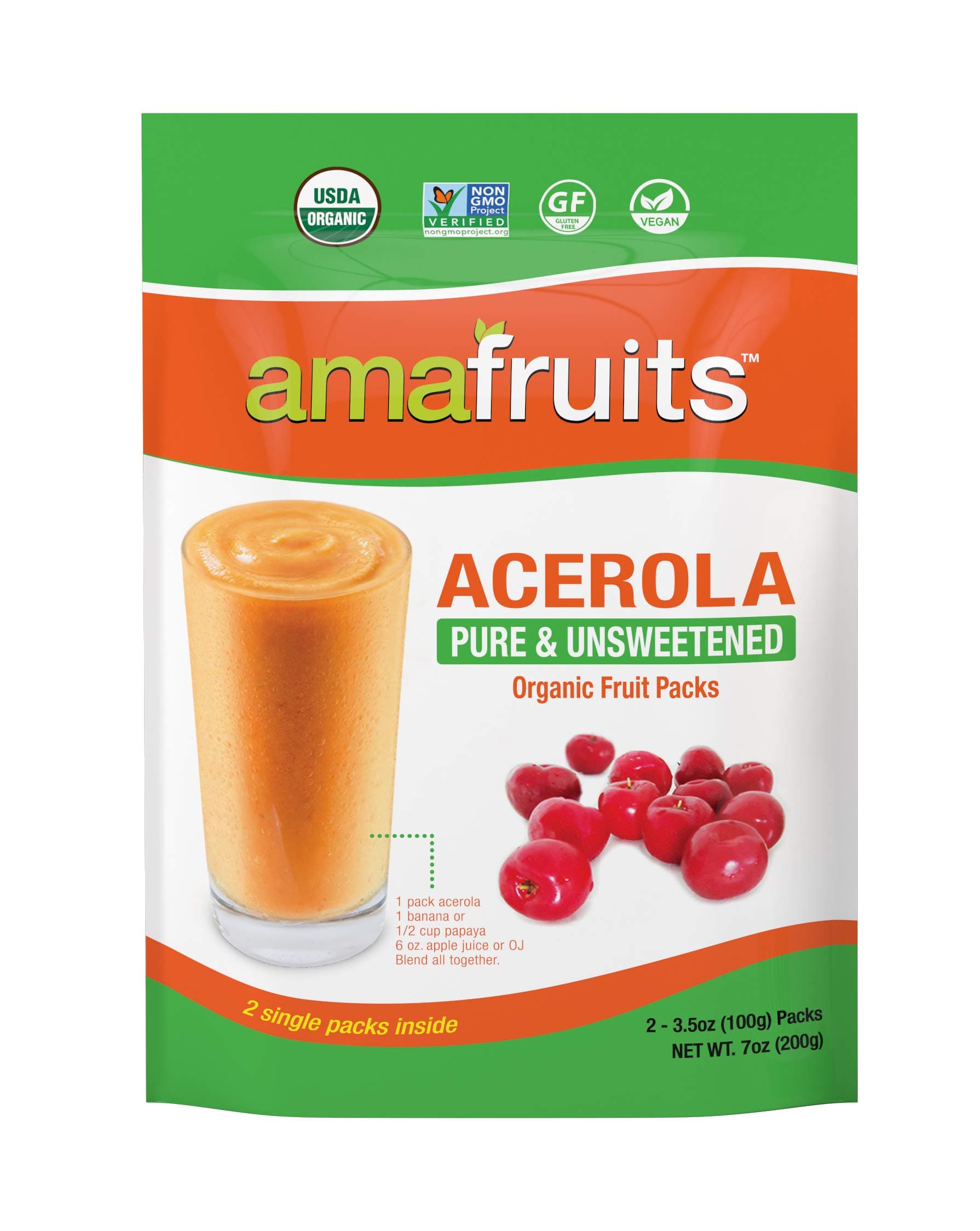 Amafruits Acerola Frozen Puree Pure and Unsweetened / USDA Organic / Non-GMO Certified / Immunity Support / 100% Natural Superfruit / 20 Packs x 3.5oz