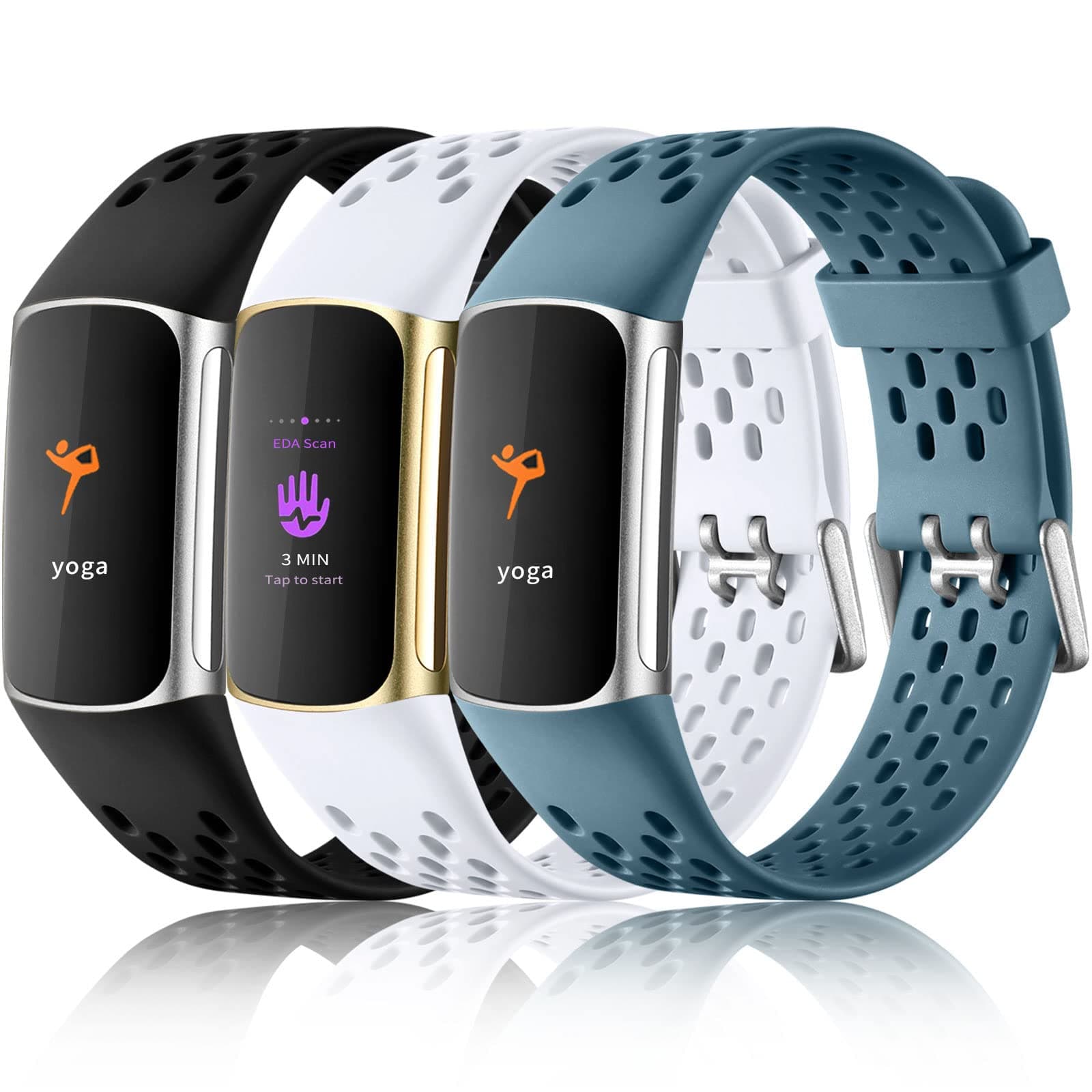 Maledan Compatible with Fitbit Charge 5/ Charge 6 Bands Men Women, 3 Pack Sport Band Soft Waterproof Replacement Wristbands Breathable Strap for Fitbit Charge 5/ Charge 6 Bands, Black/White/Steel Blue