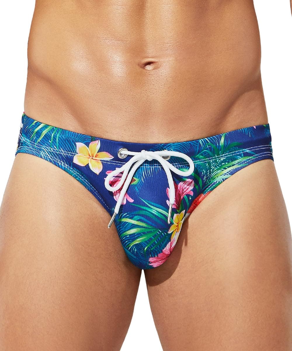 Men's Swim Briefs Sexy Low Rise Printed Bikini Adjustable Drawstring Swimwear