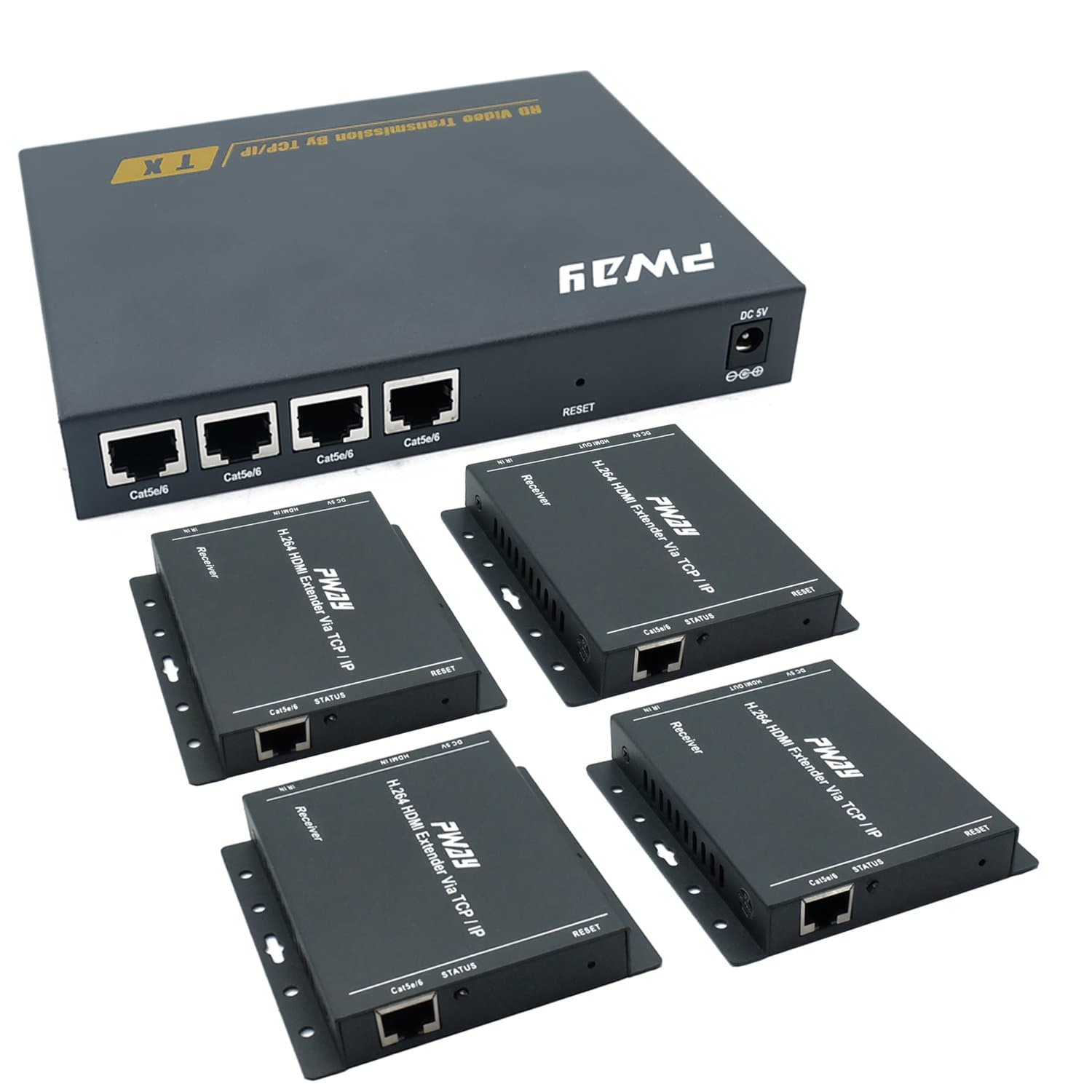 PW-DT2104IR 1080p 1x4 4port HDMI Extender Splitter Up to 492Ft/150m Over CAT5e/CAT6/CAT7 with HDMI Loopout & IR Remote Control (1 in 4 Out)