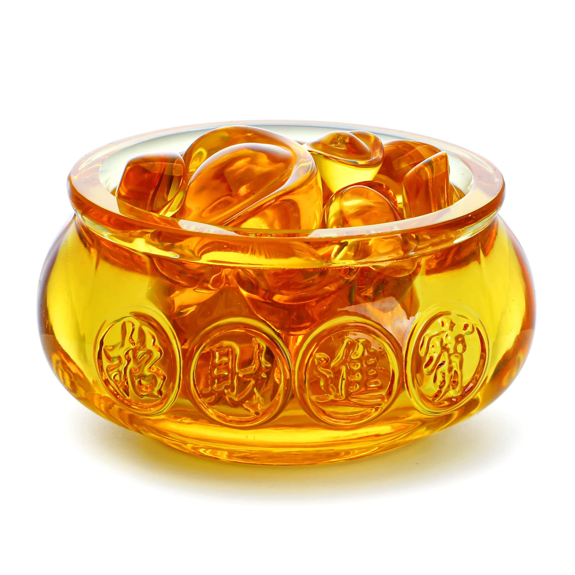 YU FENG 3'' Handmade Crystal Glass Golden Treasure Basin with 41pcs Ingot/Yuan Bao Good Luck Wealth Prosperity Figurine Collectibles Feng Shui Decor for Home Office