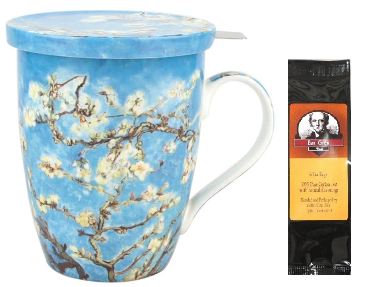 Van Gogh Almond Blossoms Tea Mug, Infuser and Lid in Box and 6 Tea Bags, Bundle 2 Items