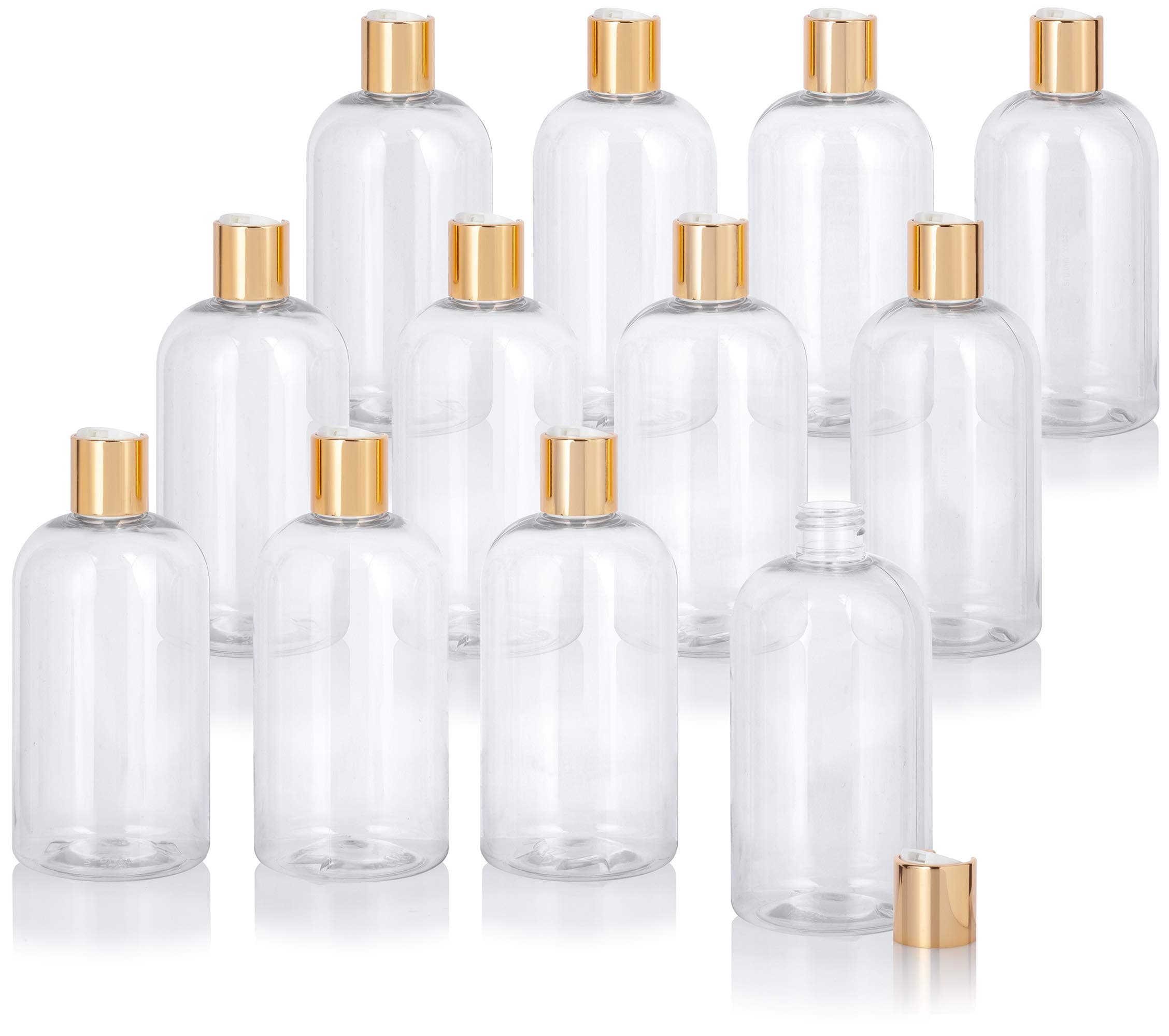 JUVITUS 12 oz Clear Plastic PET Squat Boston Round Bottle Gold Disc Cap (12 pack)