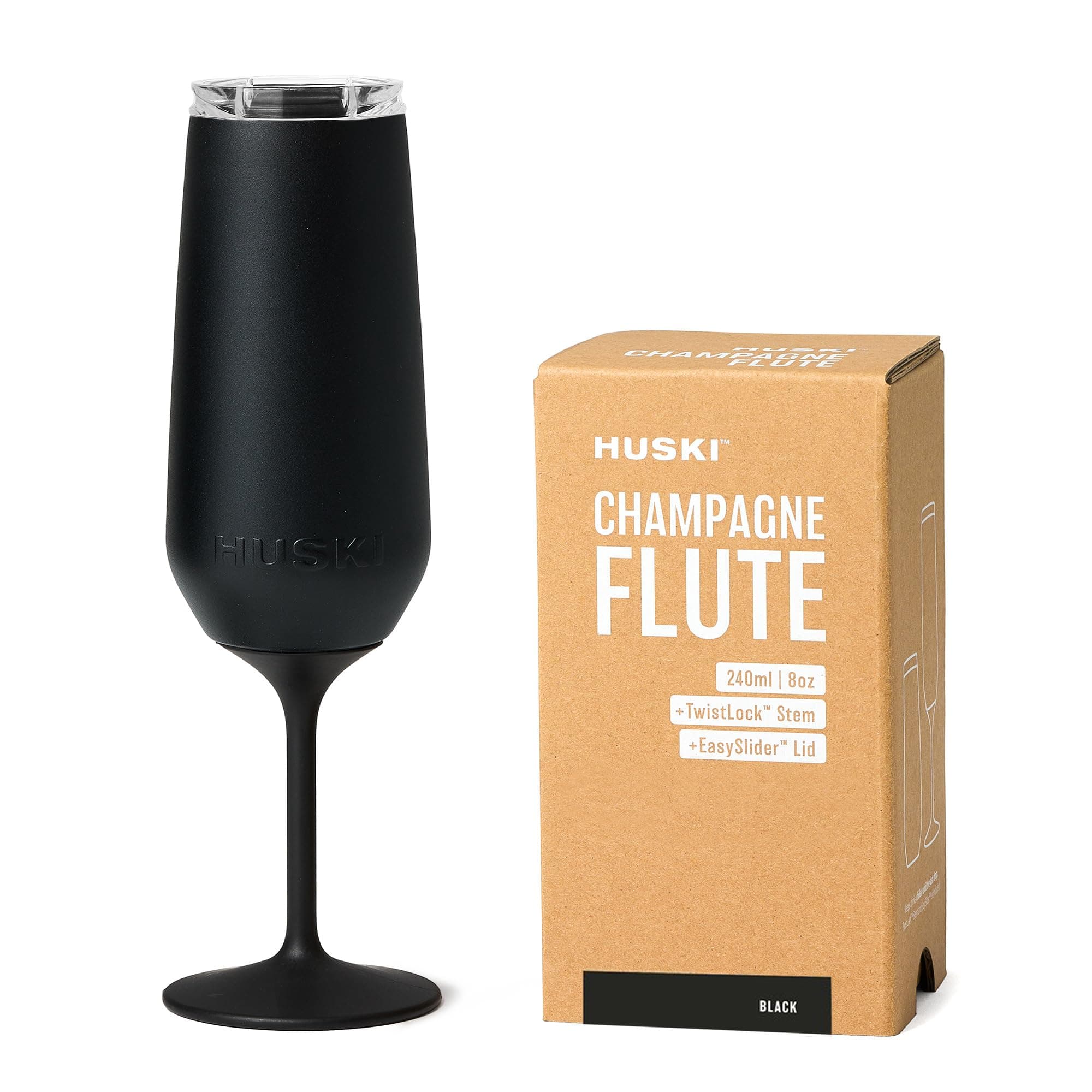 Champagne Flute | New | Award-Winning Design with Detachable Stem | Premium Stainless Steel Champagne Glass with Lid | Triple Insulated Tumbler | 240ml Capacity | Great Gift (Black)