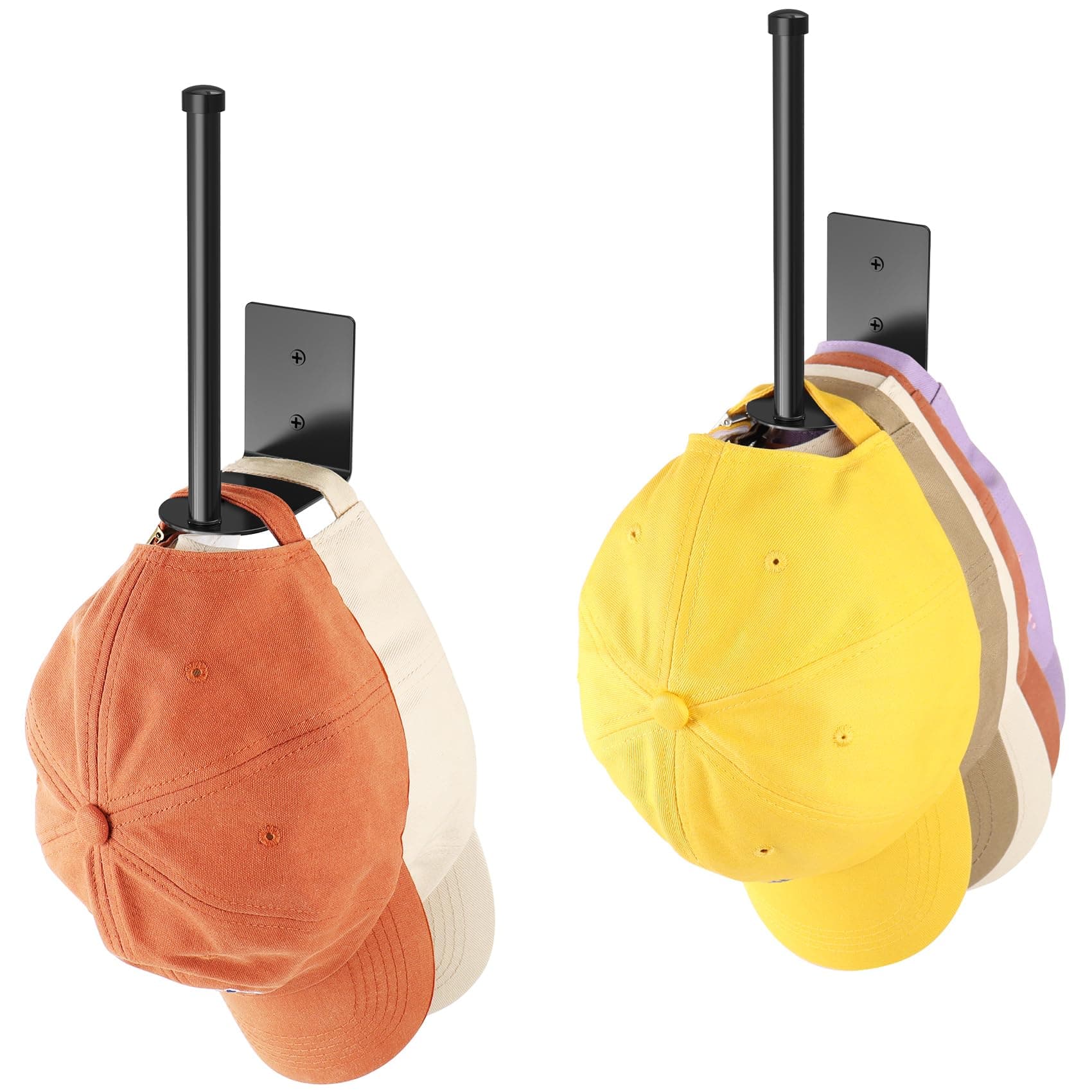 2 Pack Stainless Steel Hat Racks for Baseball Caps, Organizer, Holder Storage, Hanger With Strong Adhesive/Wall Drilled for Door, Bedroom, Closet (Black 6 in)