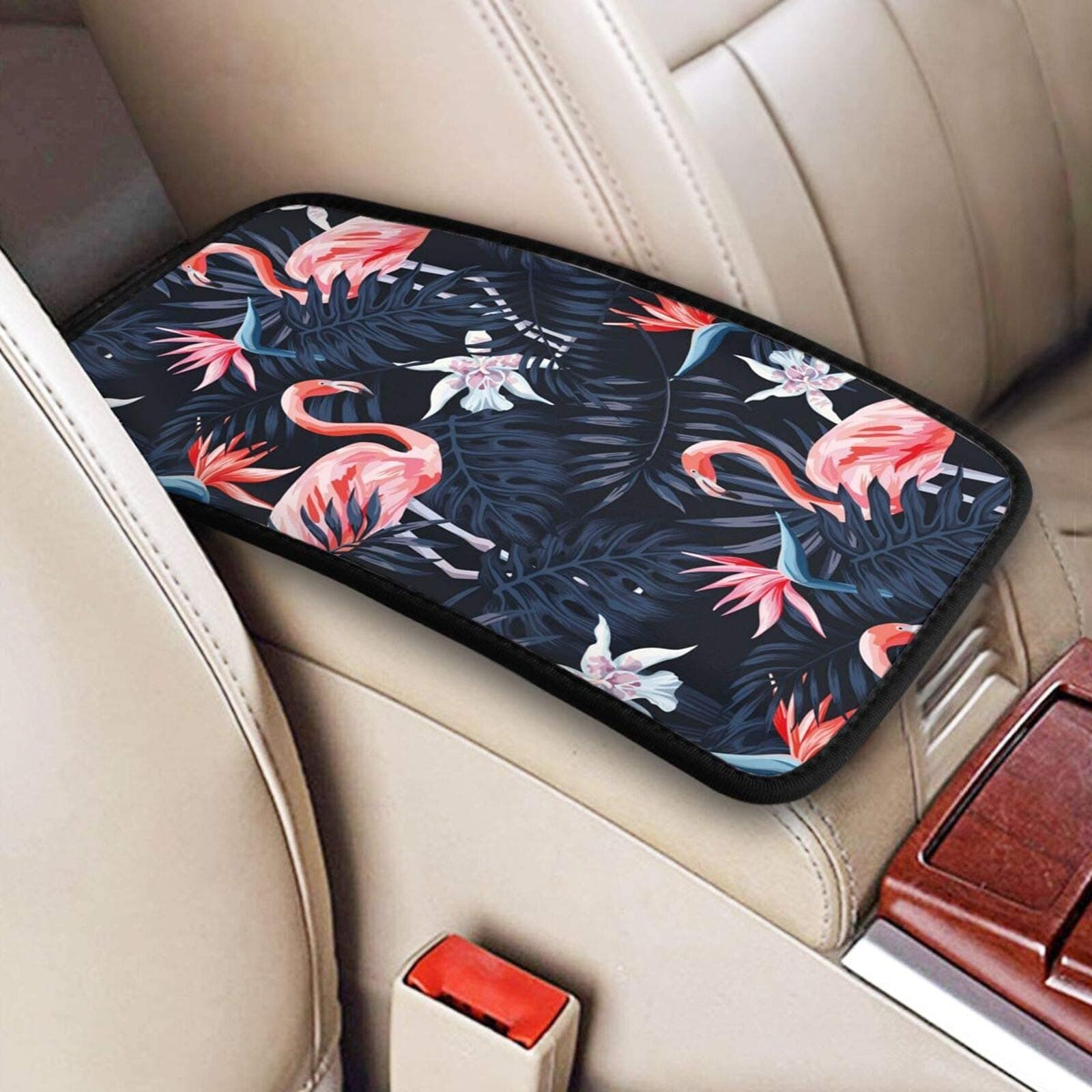 Pink Flamingo Auto Center Console Cover Soft Car Armrest Cushion Seat Box Cover Pad Accessories For Most Vehicles SUV Truck