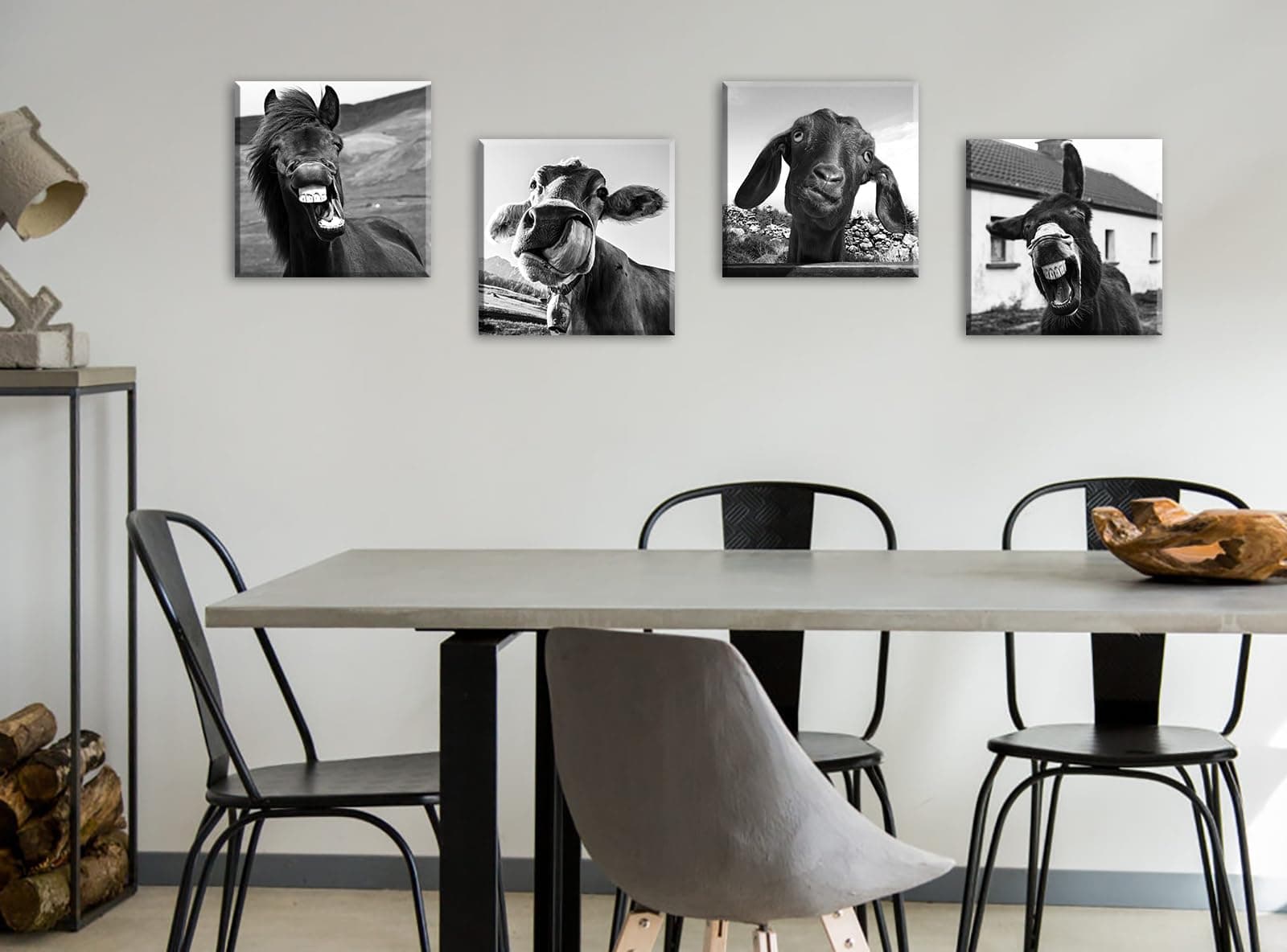 DJSYLIFE Black and White Wall Art Animal Wall Decor Horse Donkey Sheep Cow Canvas Prints Funny Farmhouse Decor Office Bedroom Multi-Room Wall Art 12x12 Inch Framed Set of 4