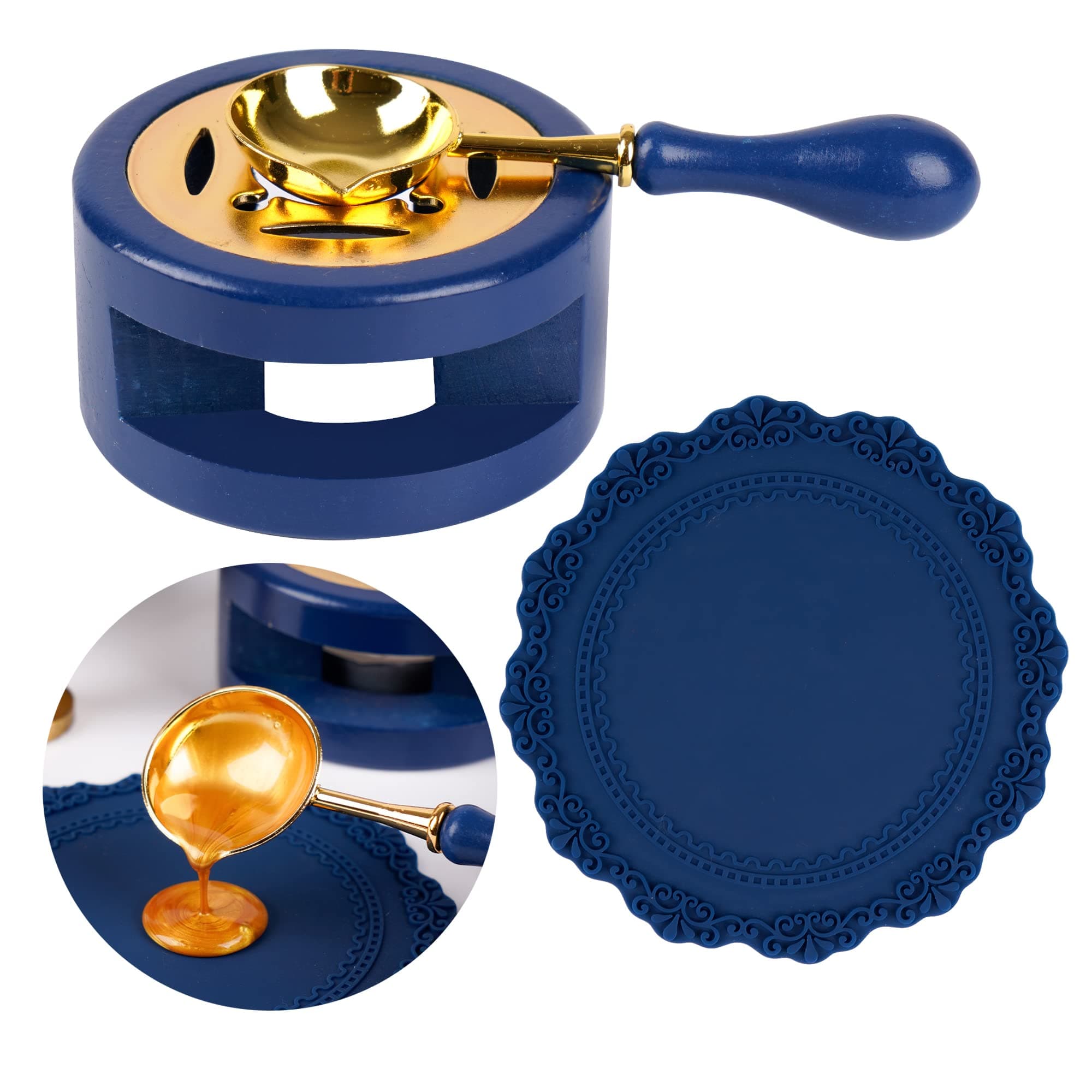 Wax Seal Kit With Furnace, Spoon, and Silicone Pad for Melting Beads or Sealing Sticks, Blue